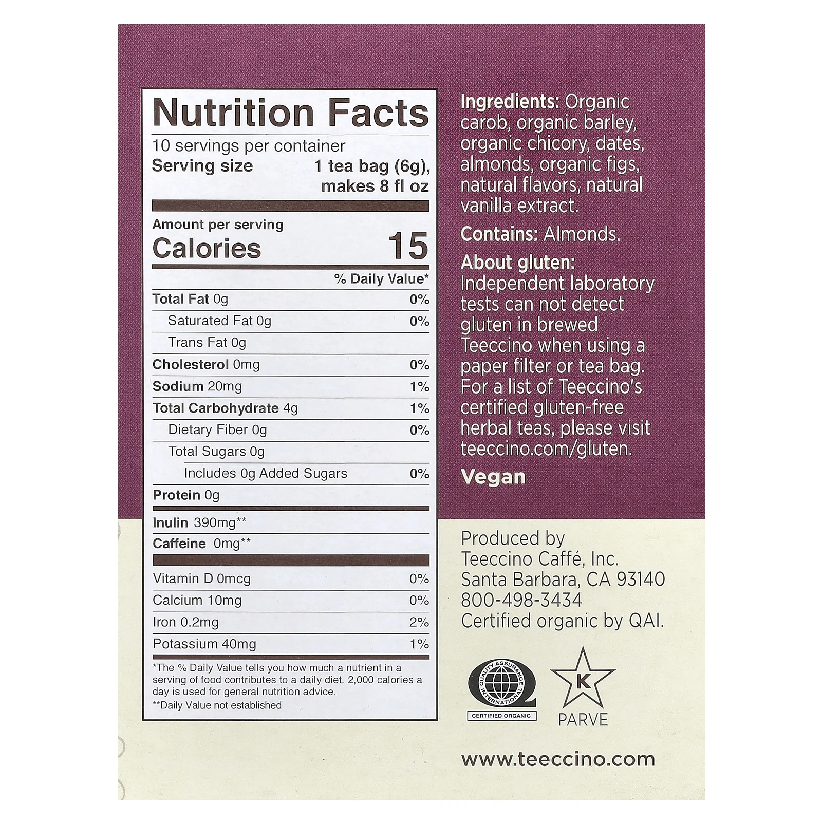 Teeccino, Жареный травяной чай, ванильный орех, без кофеина, 10 чайных пакетиков, 2,12 унции (60 г)