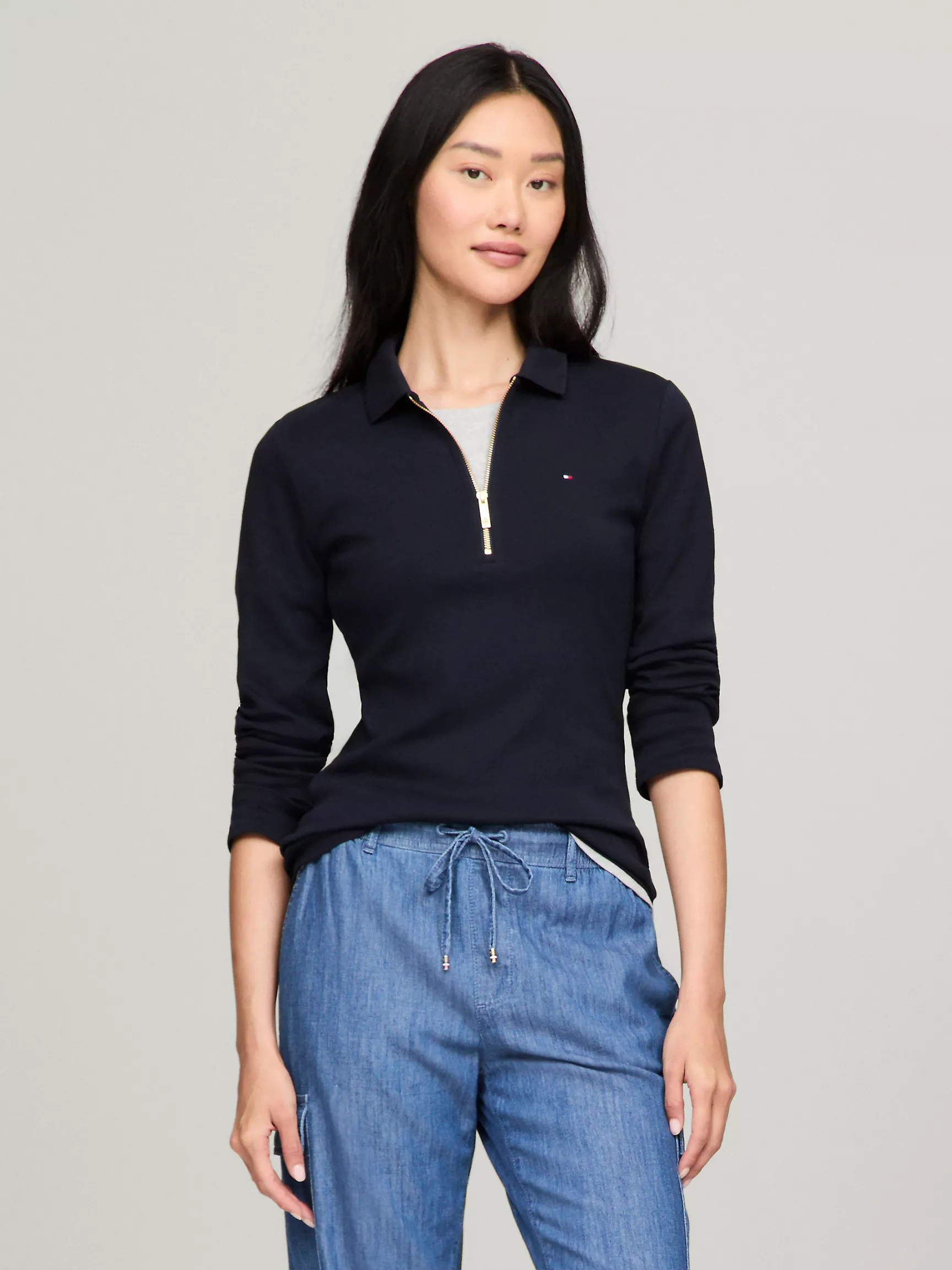 Женское поло Tommy Hilfiger, Приталенное поло с длинными рукавами и молнией