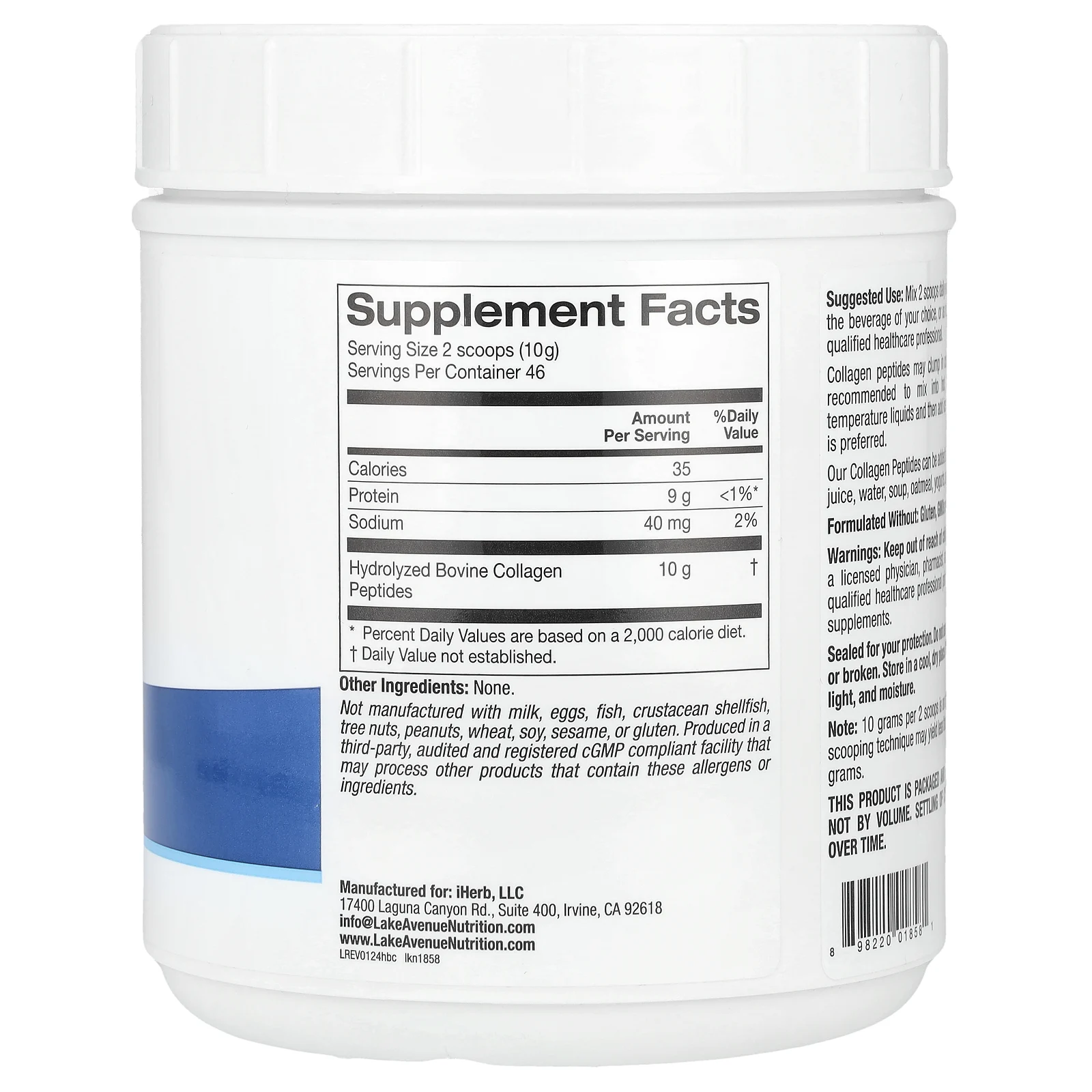 Lake Avenue Nutrition, пептиды гидролизованного коллагена типов I и III, без добавок, 460 г (1,01 фунта)