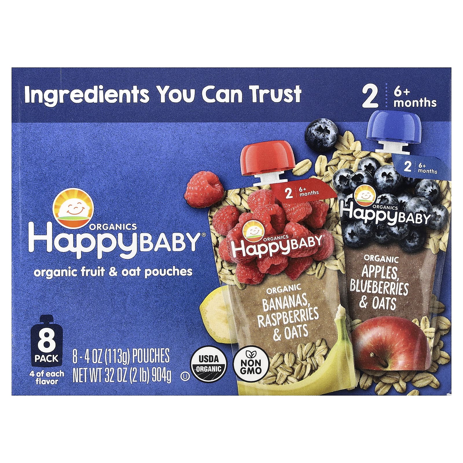 Happy Family Organics, Happy Baby®, 6+ Months, Organic Fruit & Oat, Variety Pack, 8 Pack, 4 oz (113 g) Each