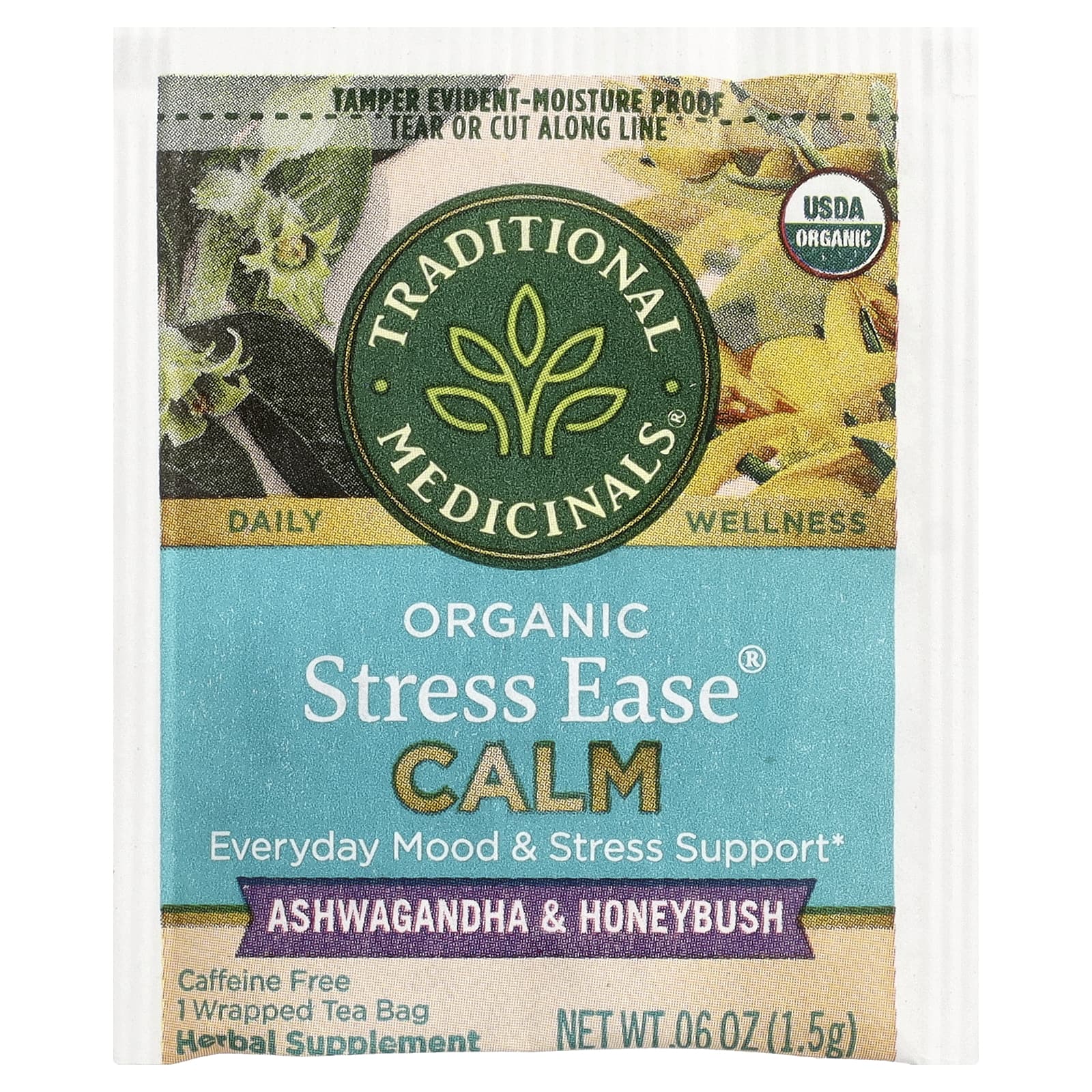 Traditional Medicinals, Organic Stress Ease® Calm, ашваганда и ханибуш, без кофеина, 16 чайных пакетиков в упаковке, 24 г (0,85 унции)