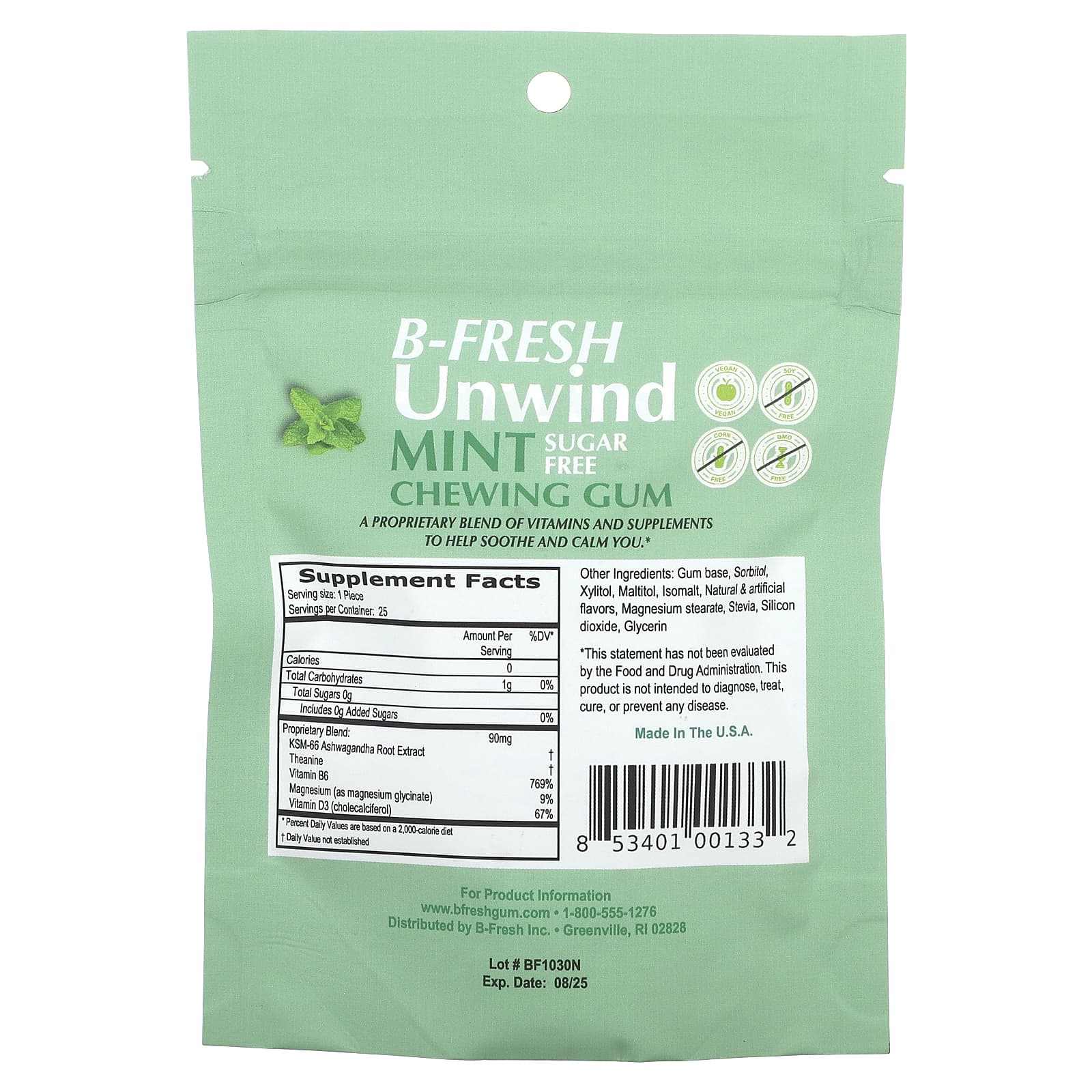 B-Fresh, Unwind, жевательная резинка, без сахара, мята, 25 шт. (50 г)