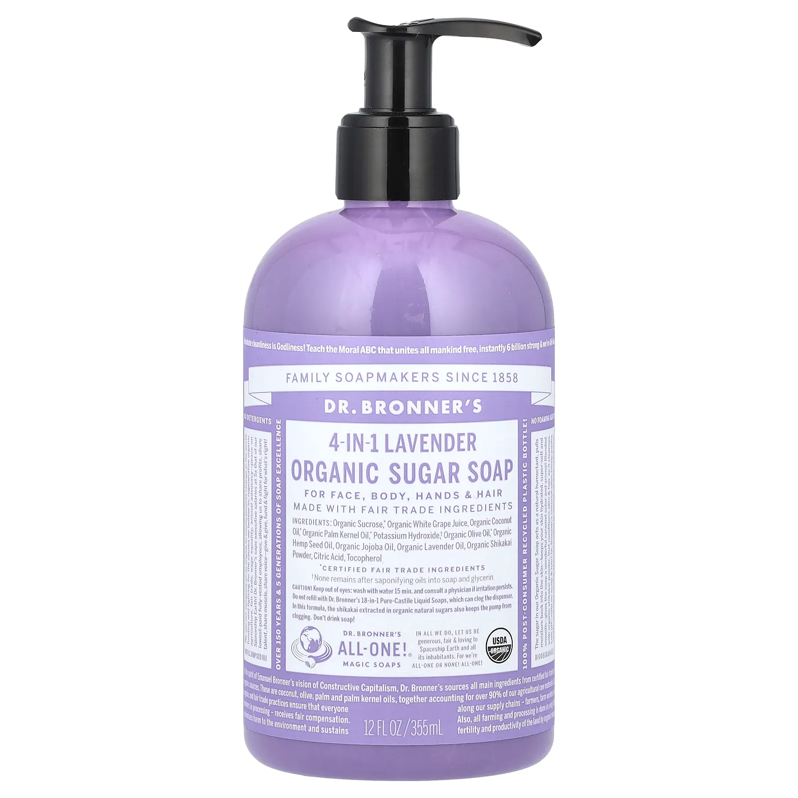 Dr. Bronner's, Органическое сахарное мыло 4 в 1, для рук, лица, тела и волос, с лавандой, 355 мл (12 жидк. Унций)