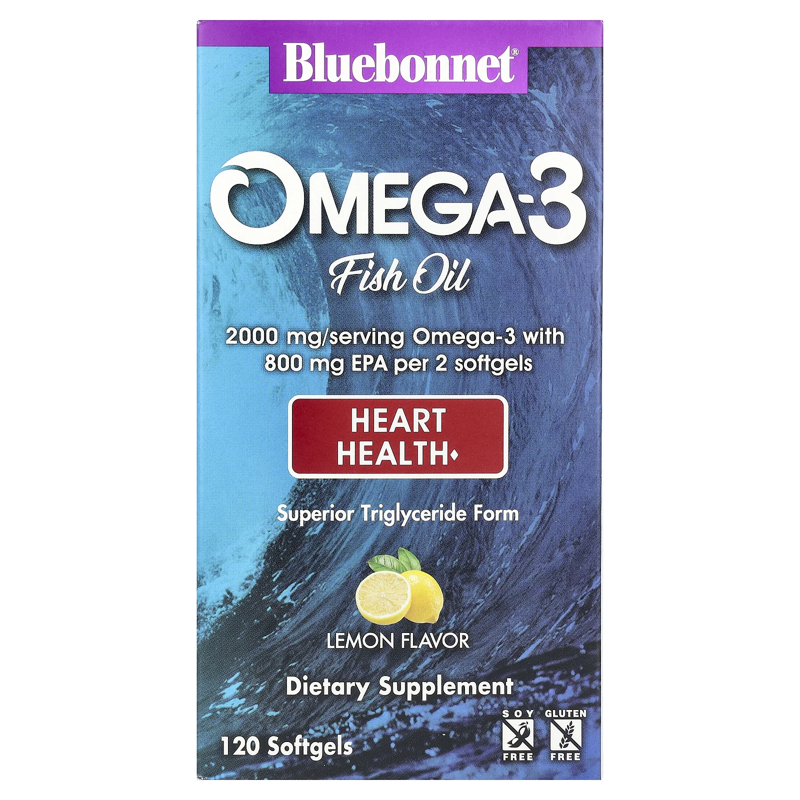 Bluebonnet Nutrition, омега-3 рыбий жир, для здоровья сердца, лимонный вкус, 120 капсул