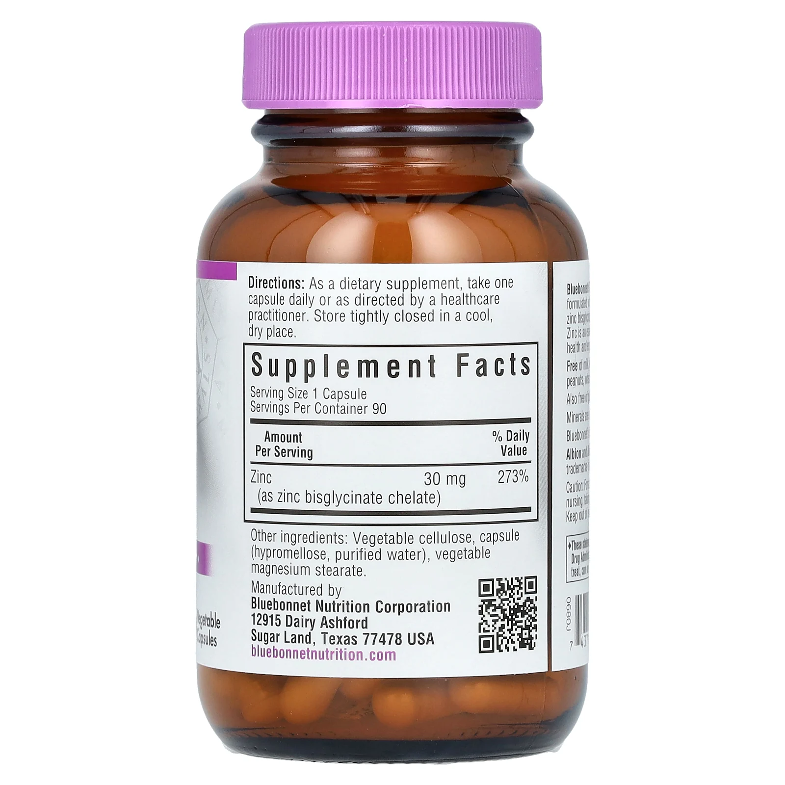 Bluebonnet Nutrition, цинк в хелатной форме, 90 растительных капсул