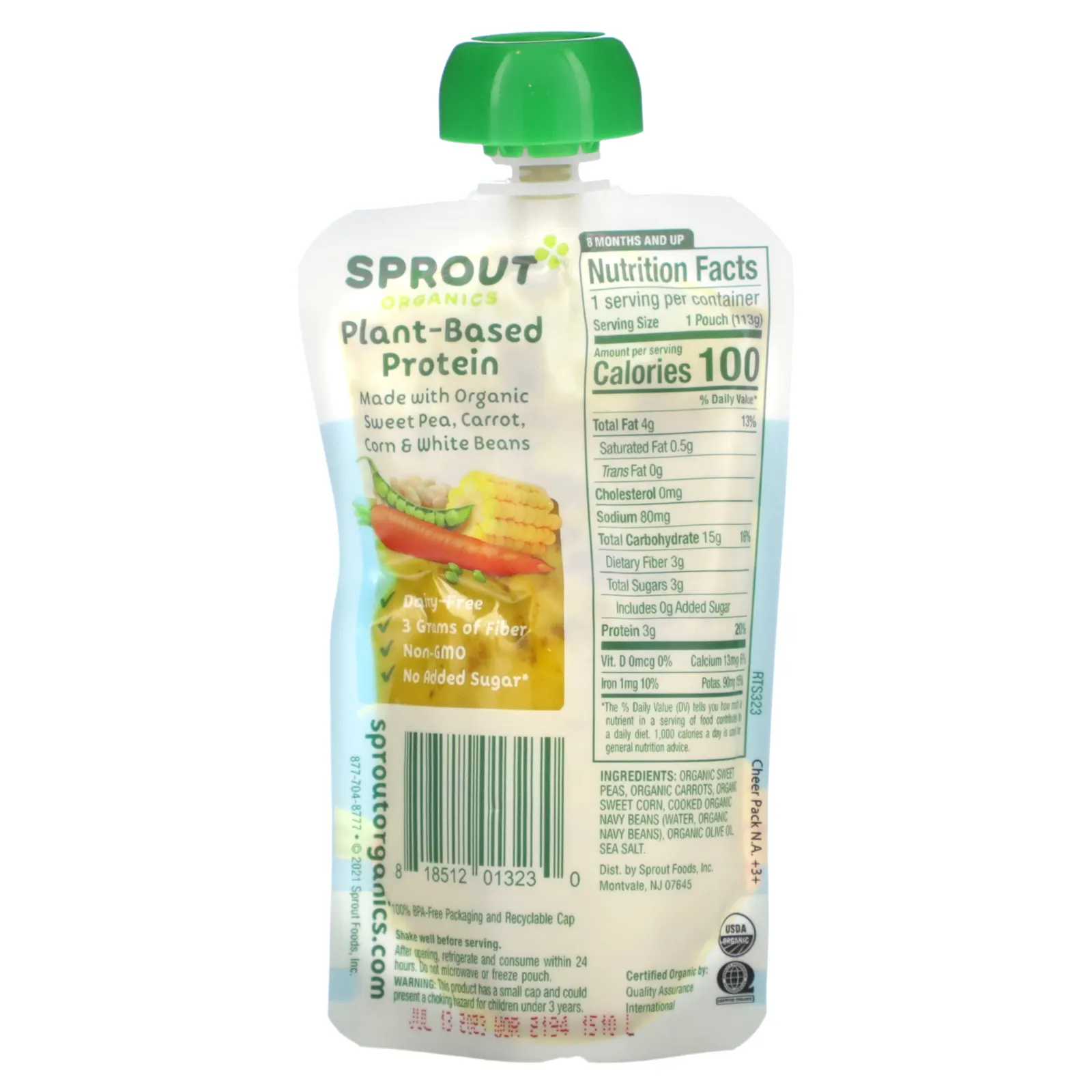 Sprout Organics, Детское питание, белок, для детей от 8 месяцев, органический душистый горошек, морковь, кукуруза и белая фасоль, 113 г (4 унции)