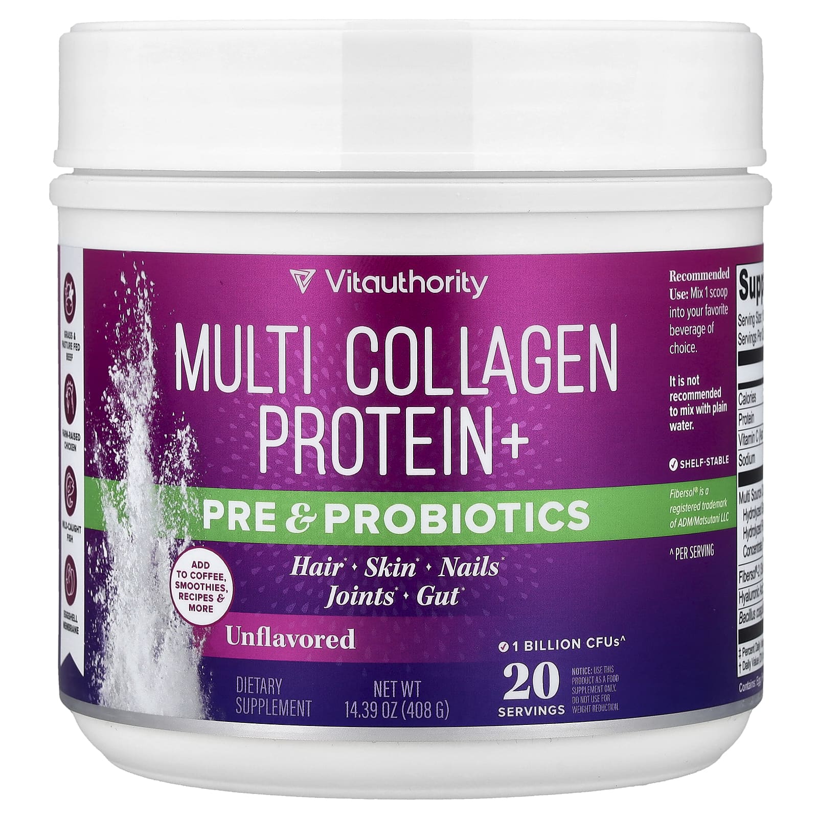 Vitauthority, Multi Collagen Protein+, коллаген с пребиотиками и пробиотиками, без добавок, 408 г (14,39 унции)