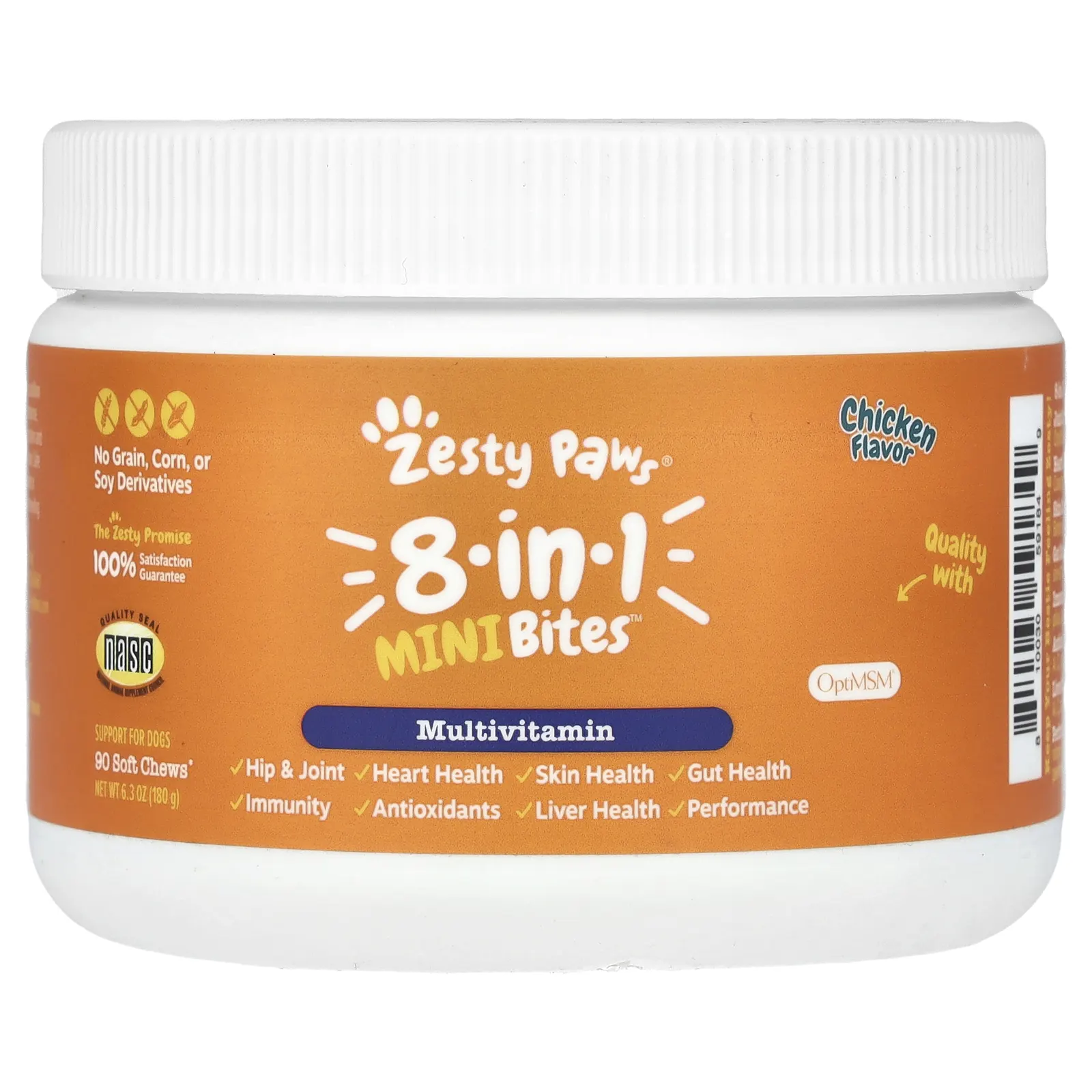 Zesty Paws, 8-в-1, мини-кусочки, для собак, курица, 90 жевательных таблеток, 180 г (6,3 унции)