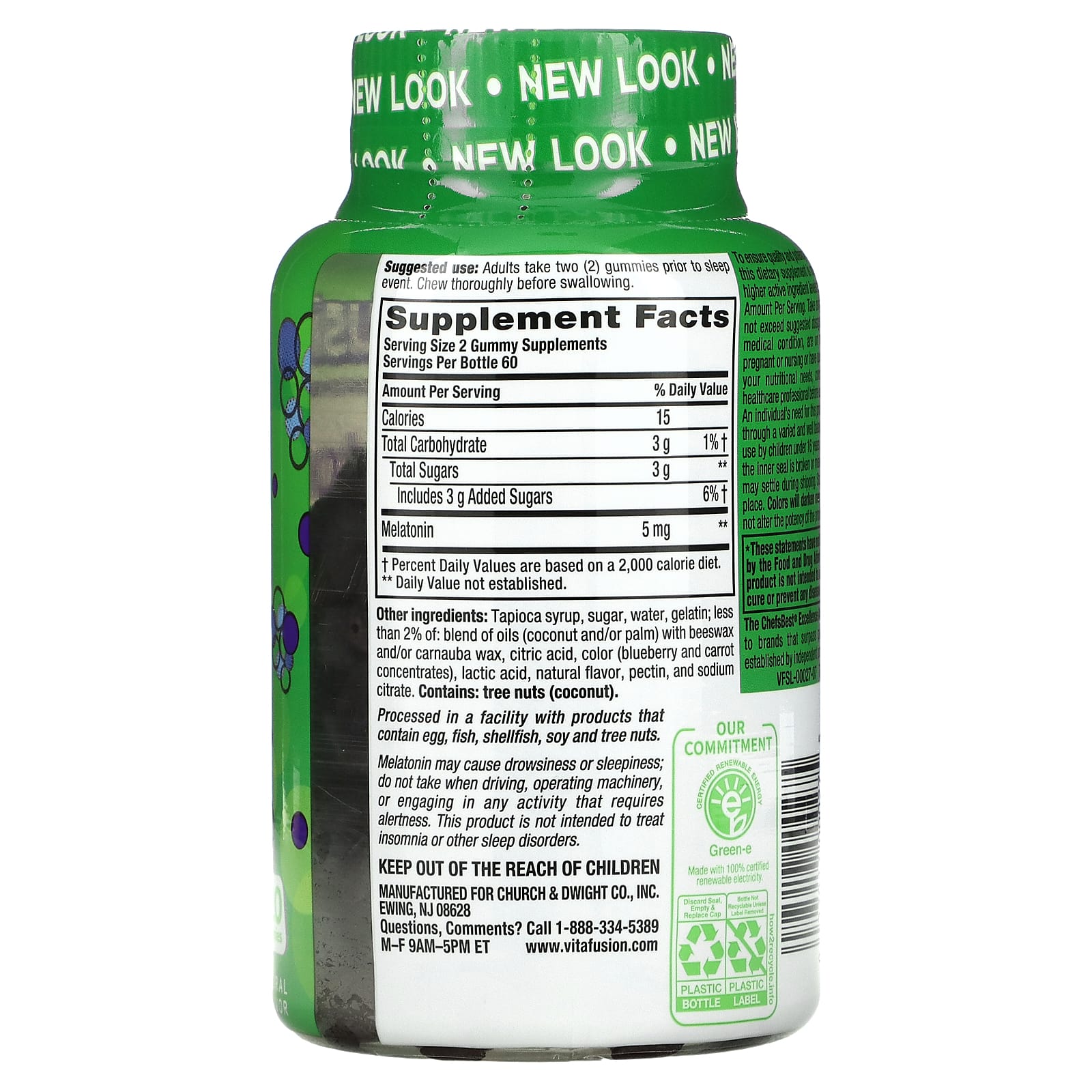 VitaFusion, мелатонин, повышенная сила действия, со вкусом ежевики, 5 мг, 120 жевательных мармеладок (2,5 мг в 1 жевательной таблетке)