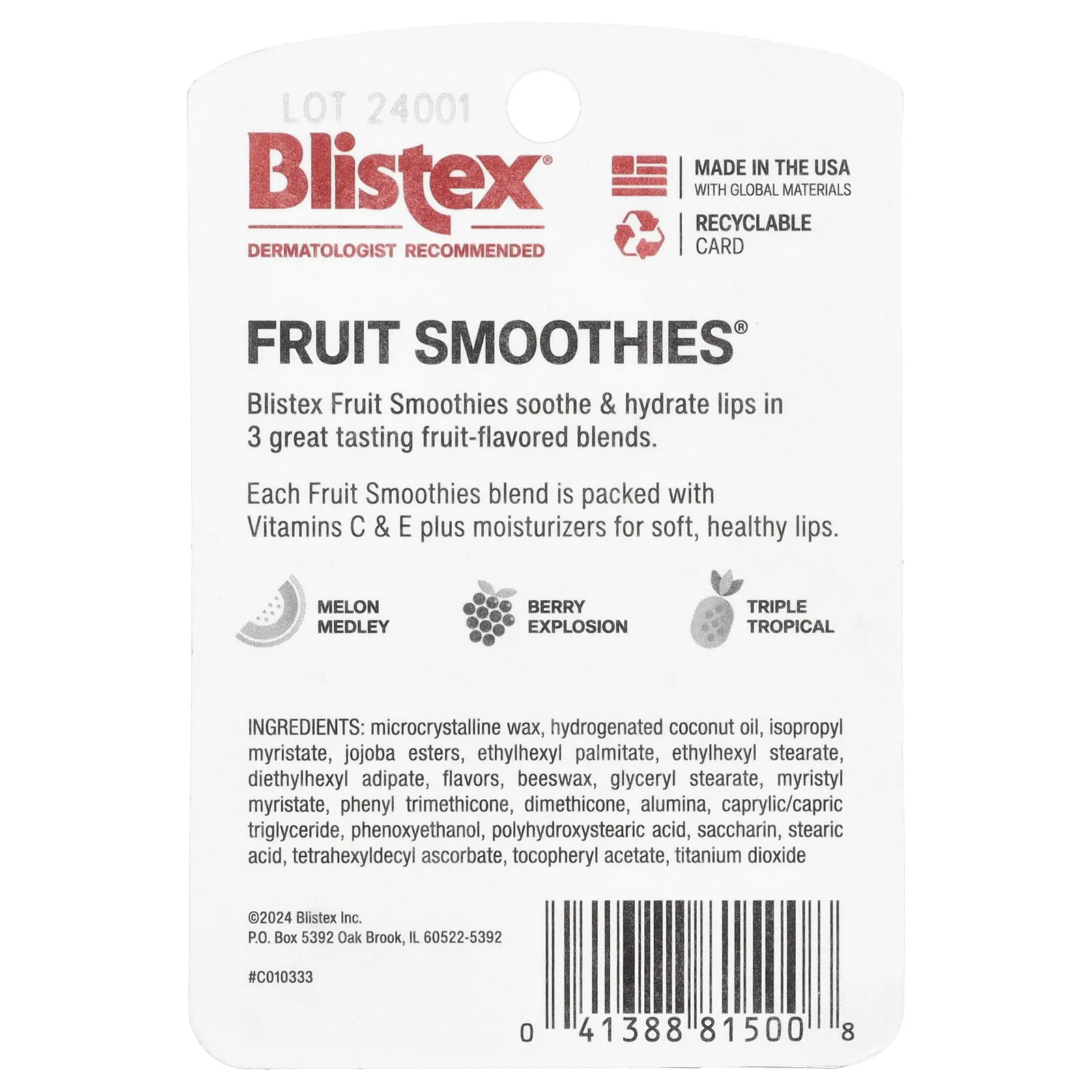 Blistex, Fruit Smoothies, увлажняющий бальзам для губ, 3 стика по 2,83 г (0,10 унции) каждый