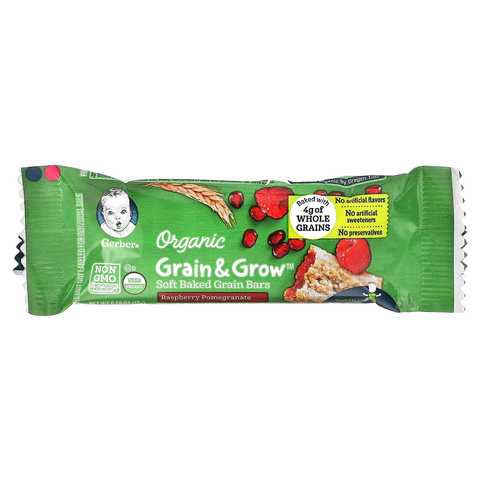 Gerber, Organic, Grain & Grow, батончики из мягкого запеченного зерна, от 12 месяцев, малиновый гранат, 8 батончиков в индивидуальной упаковке, 19 г (0,68 унции) каждый