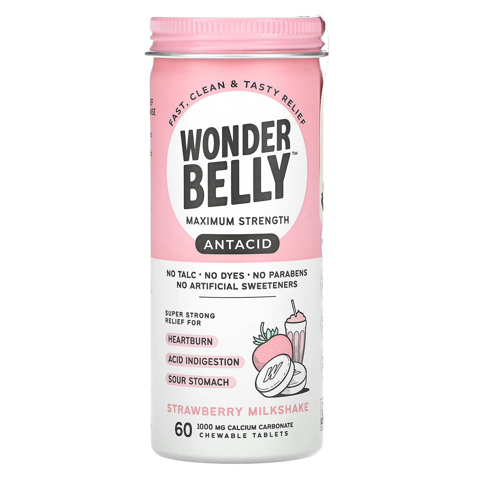 Wonderbelly, антацид, клубничный молочный коктейль, 60 жевательных таблеток
