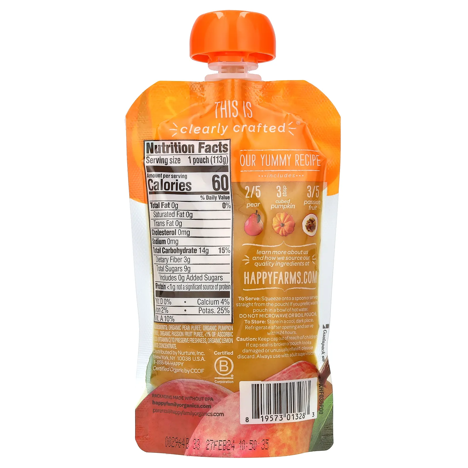 Happy Family Organics, Органическое детское питание, этап 2, от компании Clearly Crafted, для детей от 6 месяцев, груши, тыква и маракуйя, 113 г (4,0 унции)