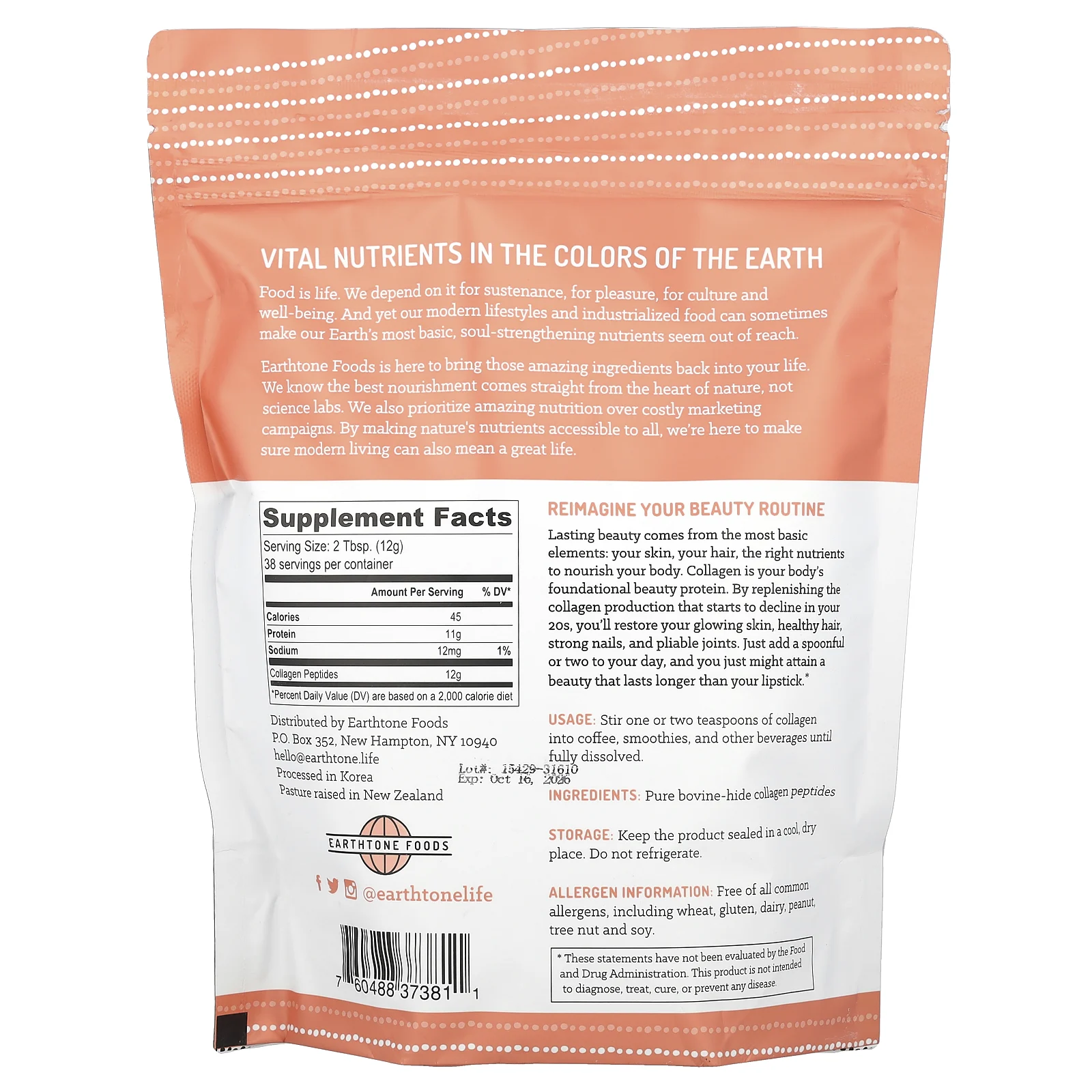 Earthtone Foods, пептиды коллагена от животных на травяном выпасе, без ароматизаторов, 454 г (16 унций)