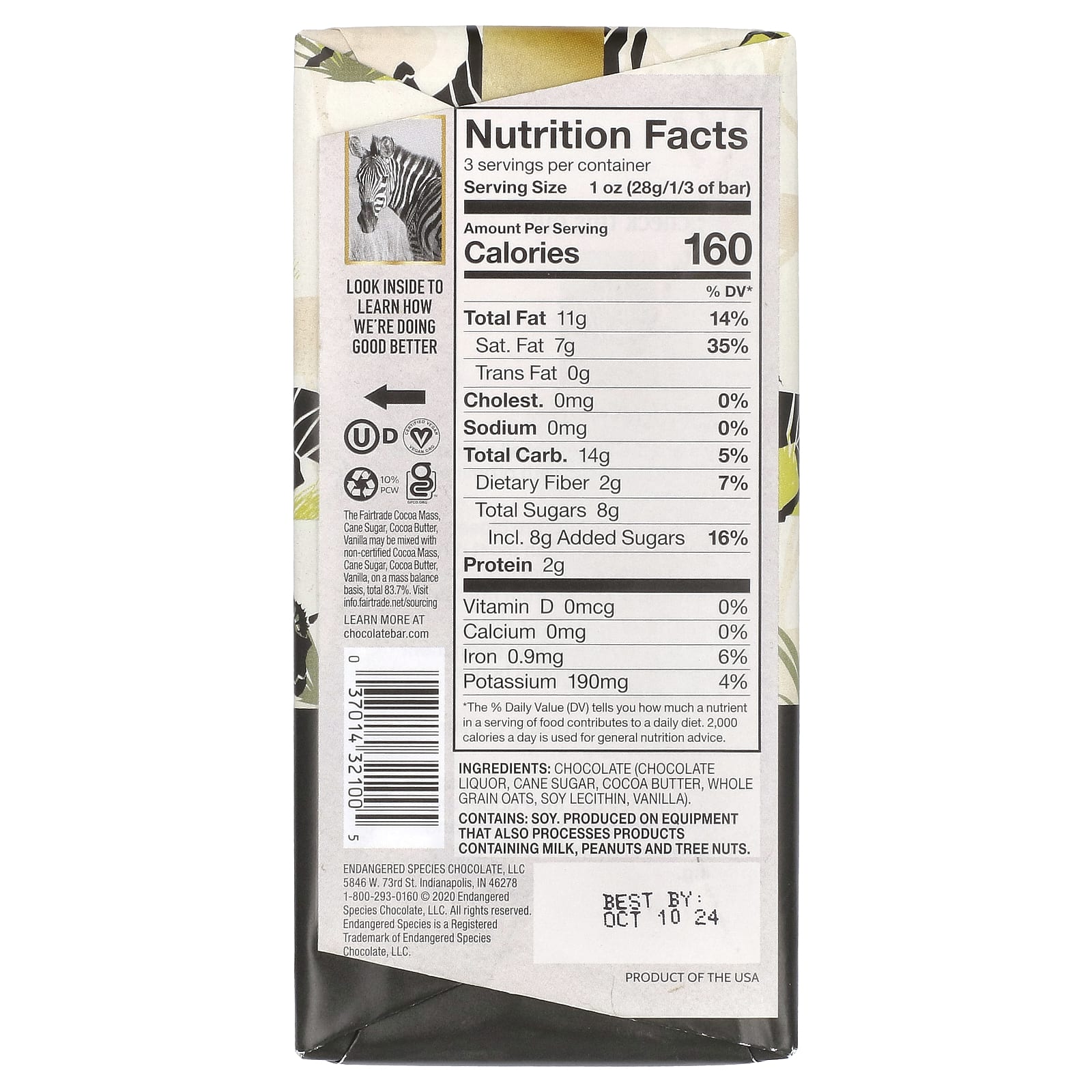 Endangered Species Chocolate, Овсяное молоко + темный шоколад, 55% какао, 85 г (3 унции)