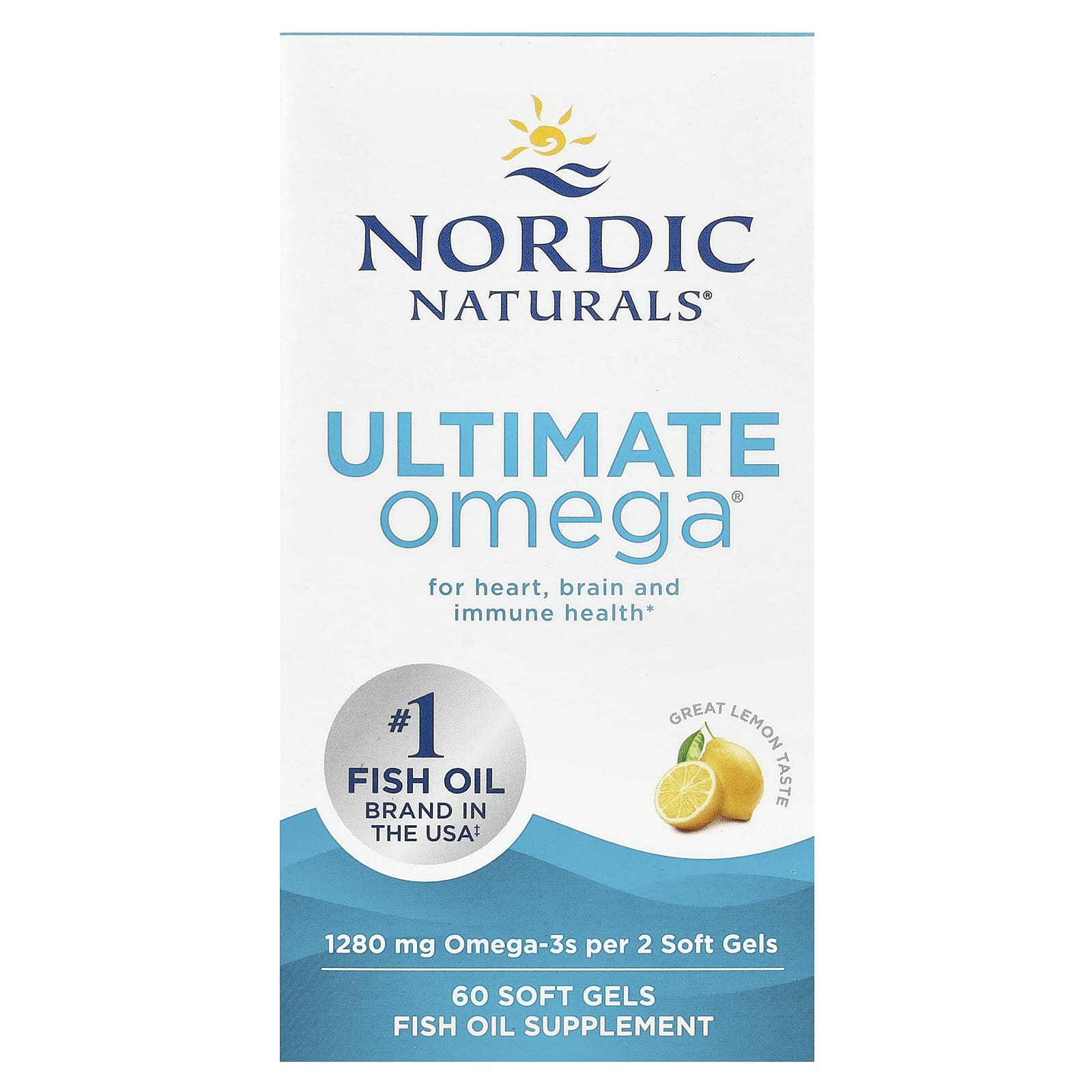 Nordic Naturals, Ultimate Omega, высокоэффективные омега-3 кислоты, со вкусом лимона, 1280 мг, 60 капсул (640 мг в 1 капсуле)