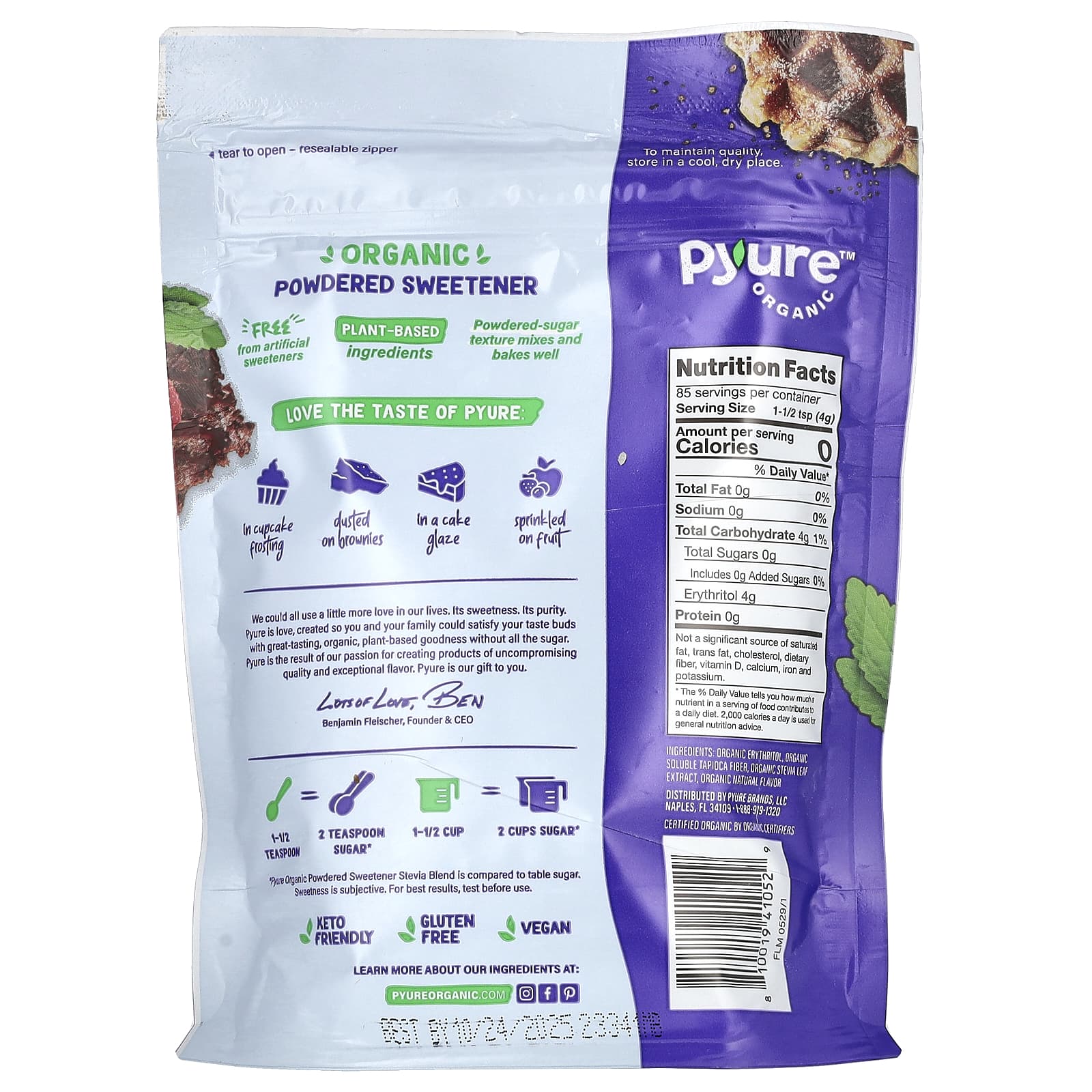 Pyure, органическая смесь подсластителей на основе порошка стевии, заменитель кондитерского сахара, подходит для кетодиеты, 340 г (12 унций)