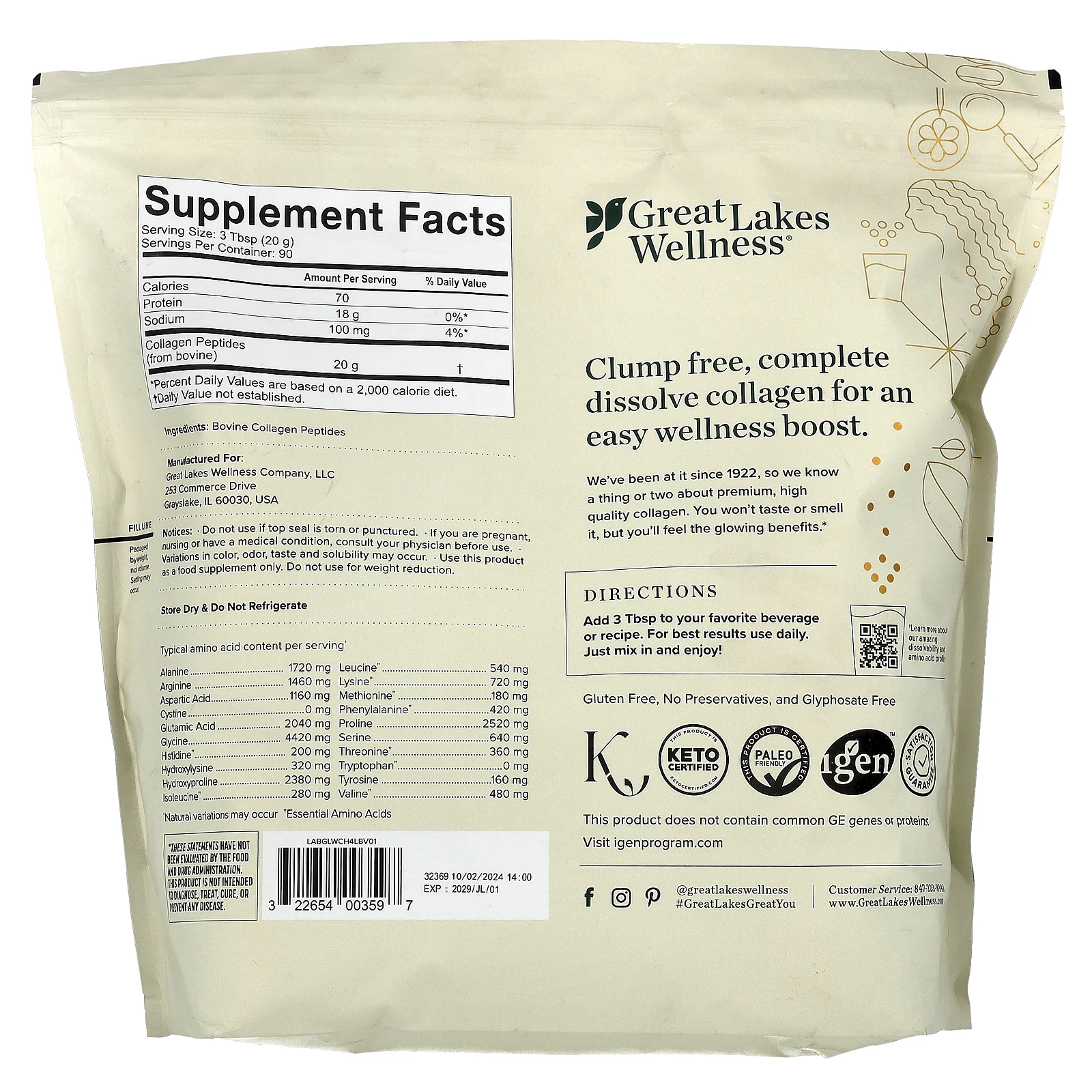 Great Lakes Wellness, Пептиды бычьего коллагена от травяного откорма, без добавок, 1,8 кг (64 унции)