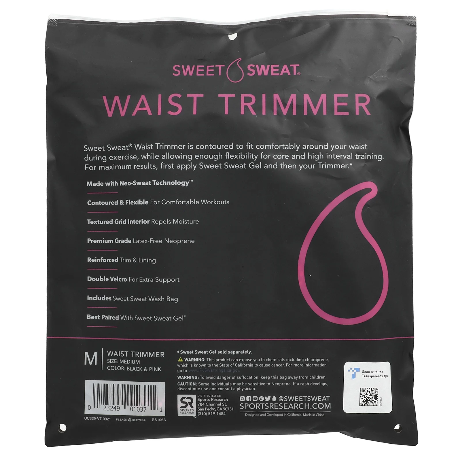 Sports Research, Sweet Sweat, пояс для похудения, средний, черного и розового цвета, 1 шт.
