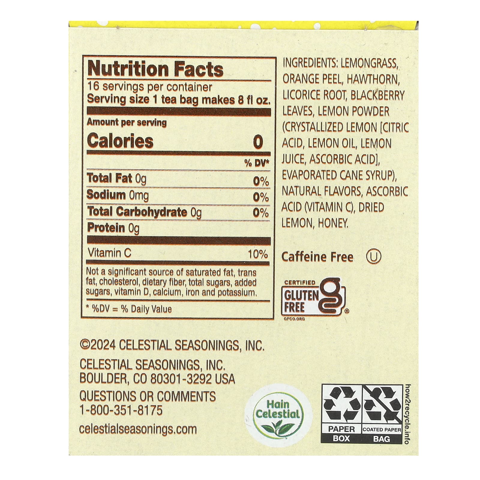 Celestial Seasonings, Herbal Tea, лимонно-медовые капли, без кофеина, 16 чайных пакетиков, 22 г (0,8 унции)