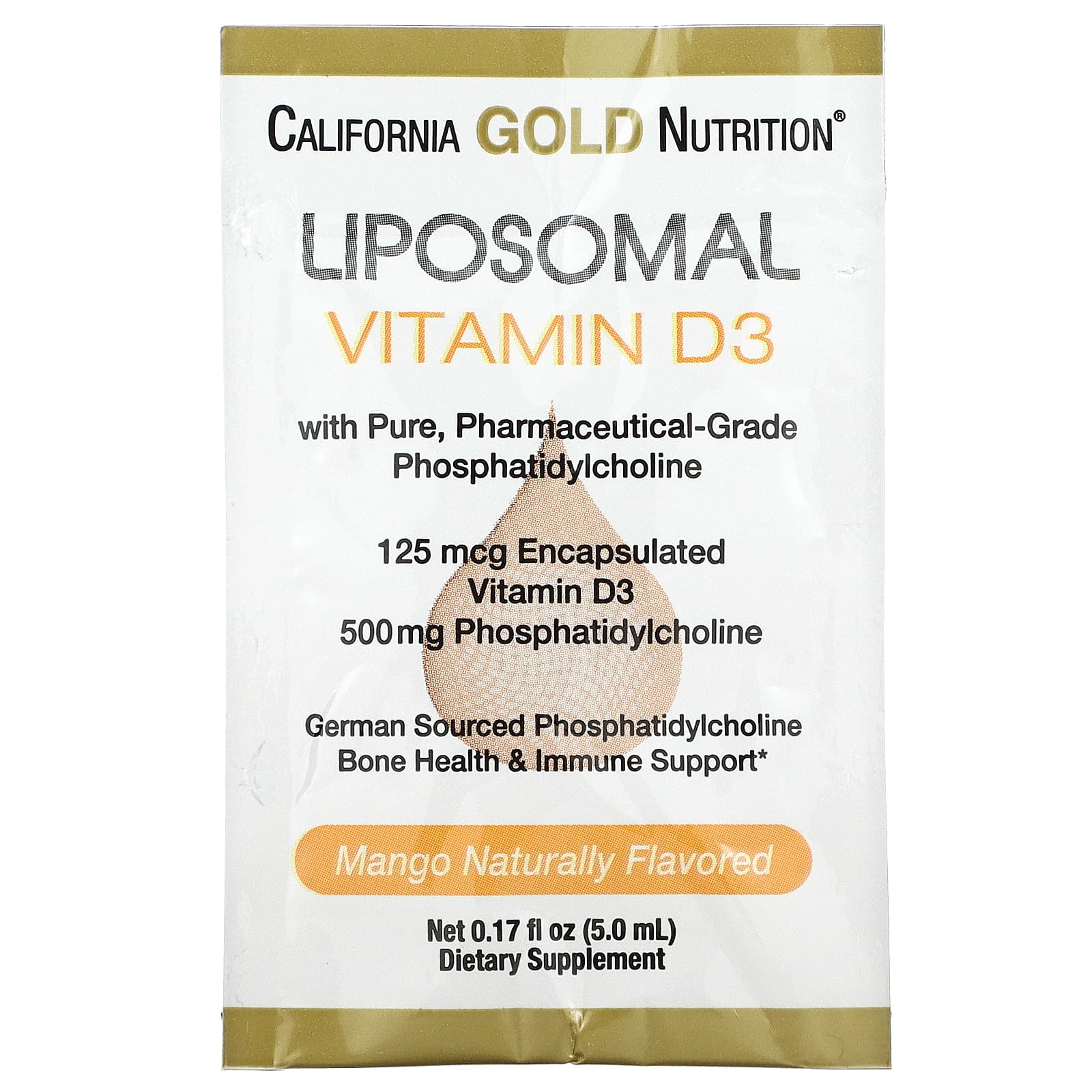 California Gold Nutrition, Липосомальный витамин D3, 125 мкг (5000 МЕ), 30 пакетиков по 5 мл (0,17 жидк. Унции)