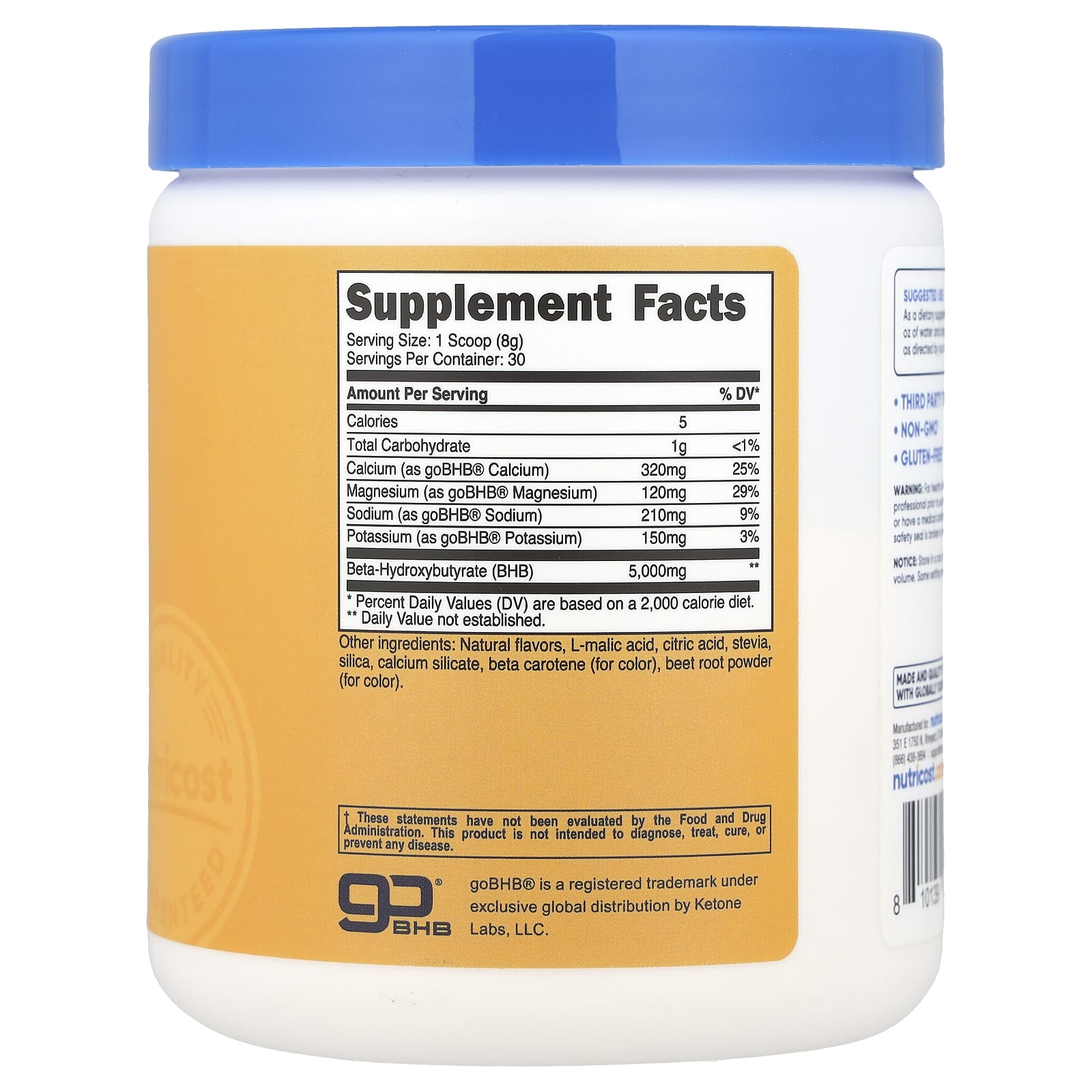 Nutricost, BHB Salts, goBHB®, персик и манго, 249 г (8,9 унции)