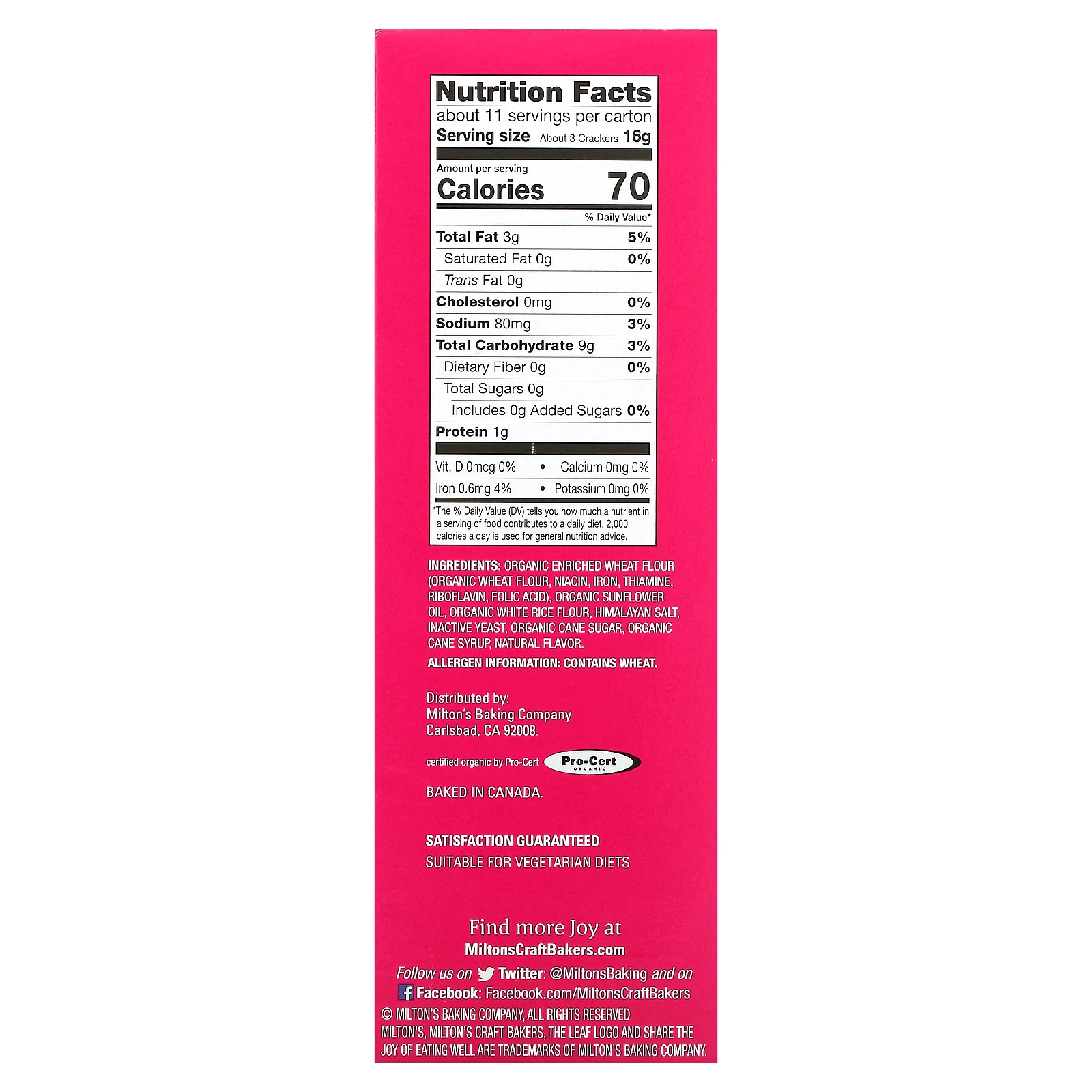 Milton's Craft Bakers, Органические крекеры, гималайская соль, 170 г (6 унций)