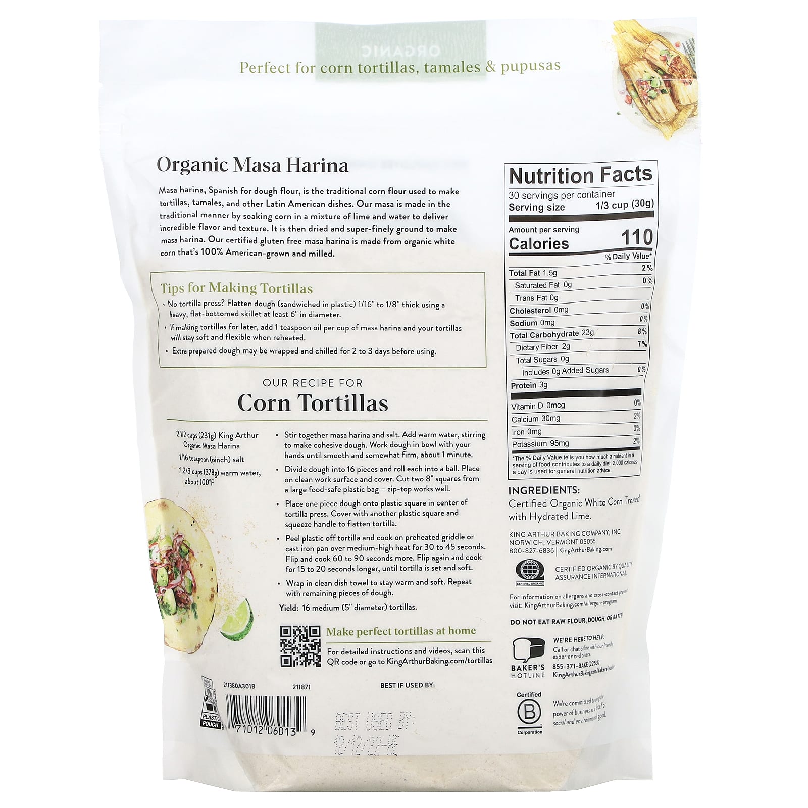 King Arthur Baking Company, Органическая маса-харина из белой кукурузы мелкого помола, 907 г (2 фунта)