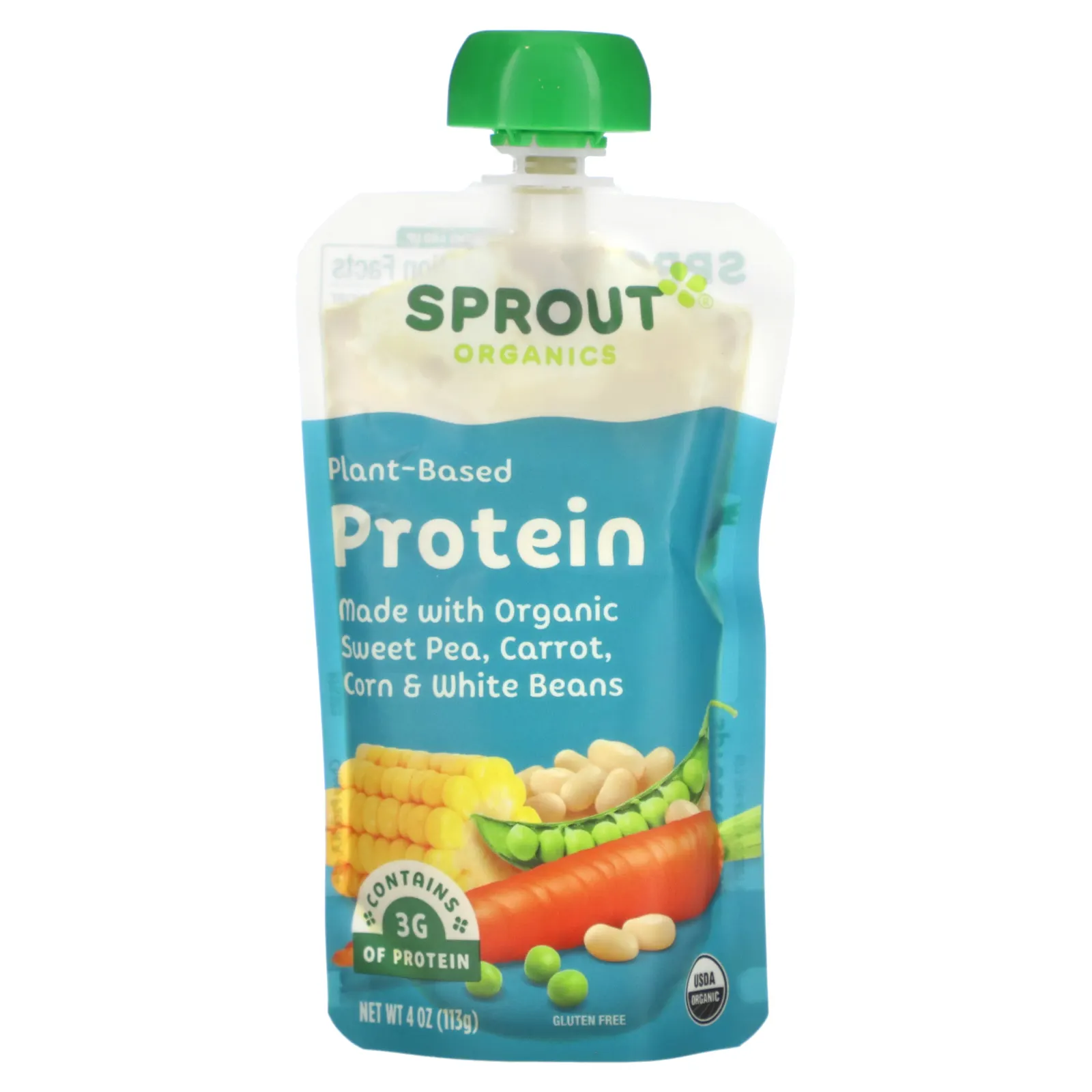 Sprout Organics, Детское питание, белок, для детей от 8 месяцев, органический душистый горошек, морковь, кукуруза и белая фасоль, 113 г (4 унции)