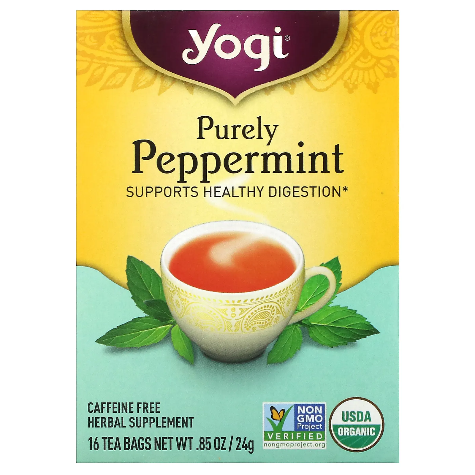 Yogi Tea, Purely Peppermint, без кофеина, 16 чайных пакетиков, 24 г (0,85 унции)