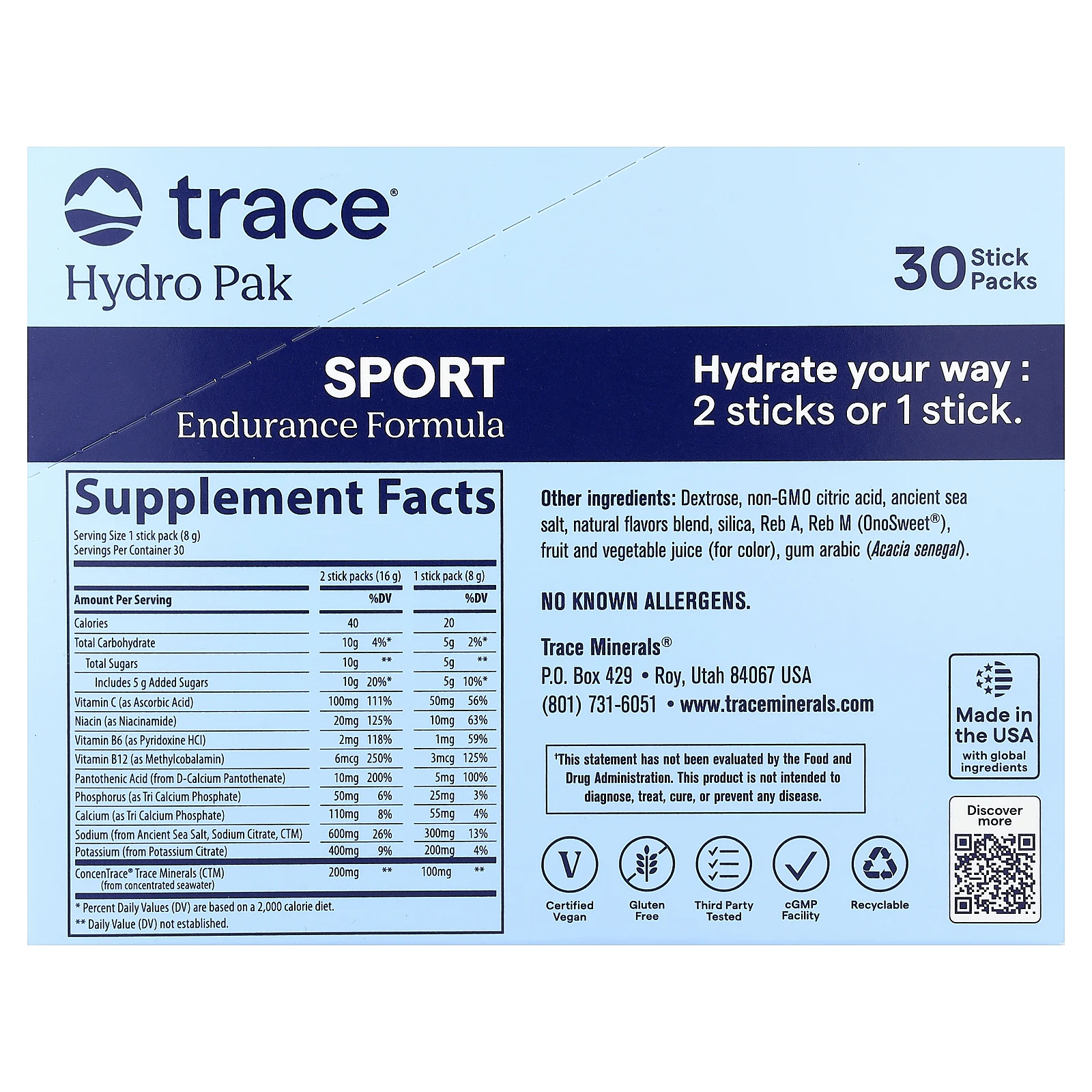 Trace, Hydro Pak Sport, Raspberry Lemonade, 30 Stick Packs, 0.28 oz (8 g) Each