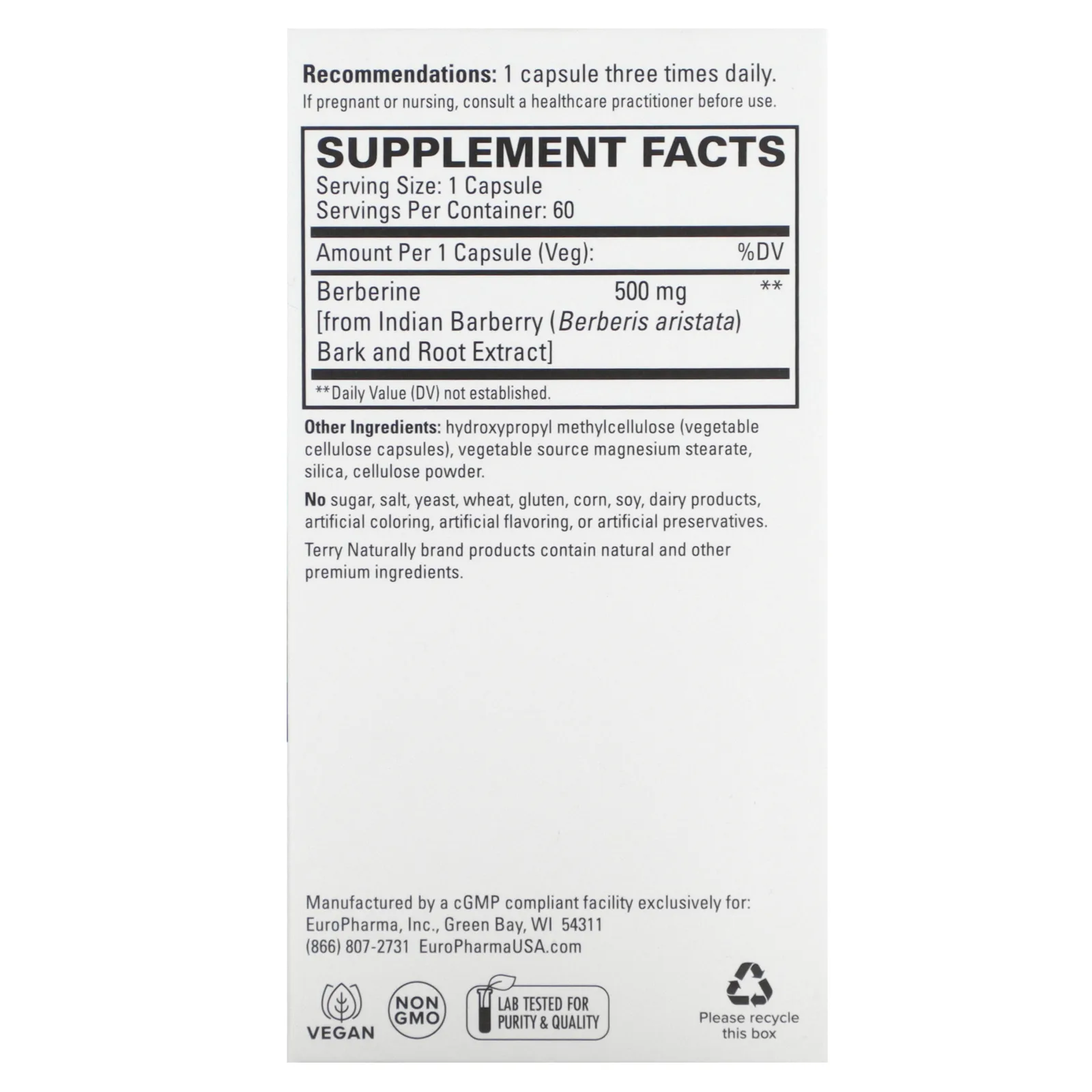 Terry Naturally, берберин, 500 мг, 60 капсул