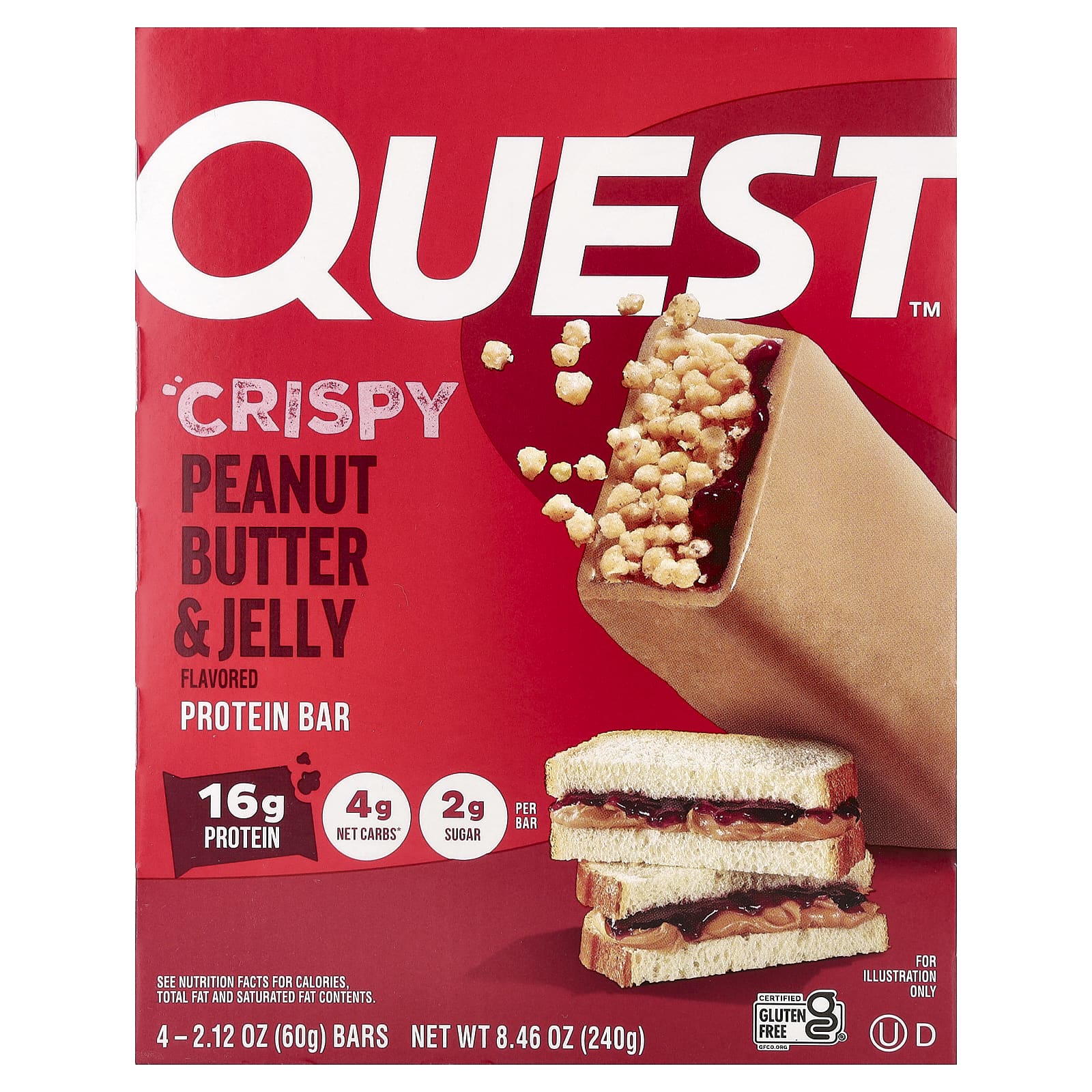 Quest Nutrition, протеиновый батончик, хрустящая арахисовая паста и желе, 4 батончика по 60 г (2,12 унции)