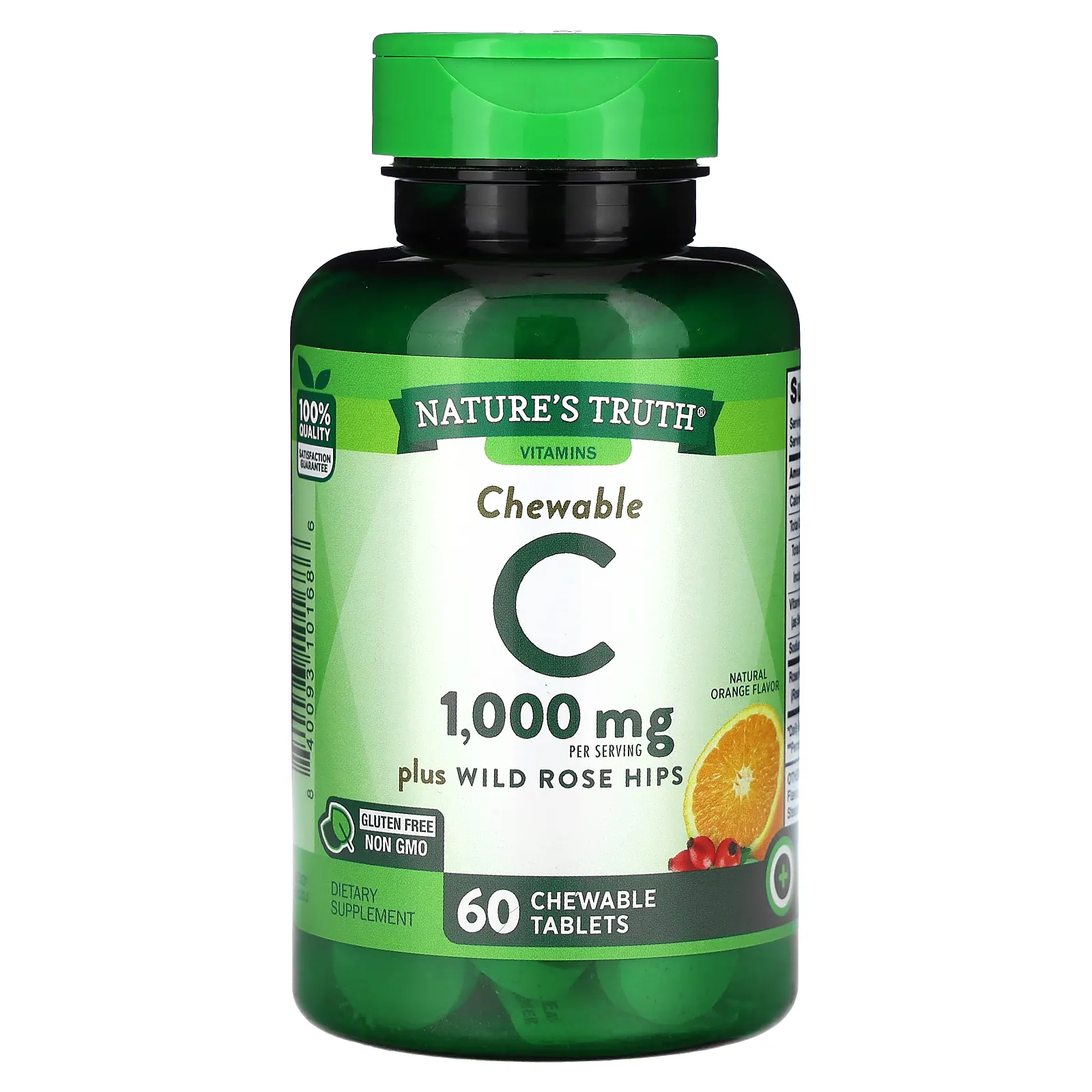 Nature's Truth, жевательный витамин C с диким шиповником, натуральный апельсин, 1000 мг, 60 жевательных таблеток (500 мг в одной таблетке)