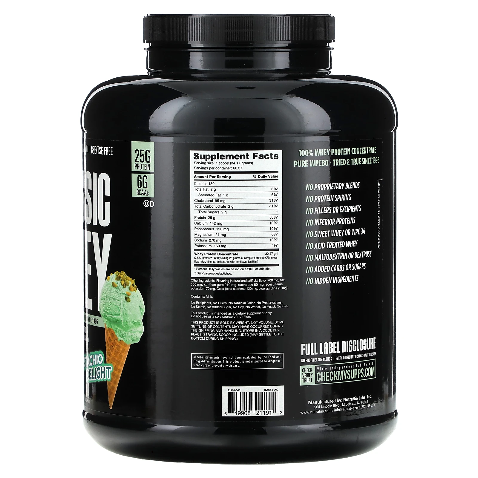 NutraBio, классический сывороточный протеин, со вкусом фисташек, 2268 г (5 фунтов)