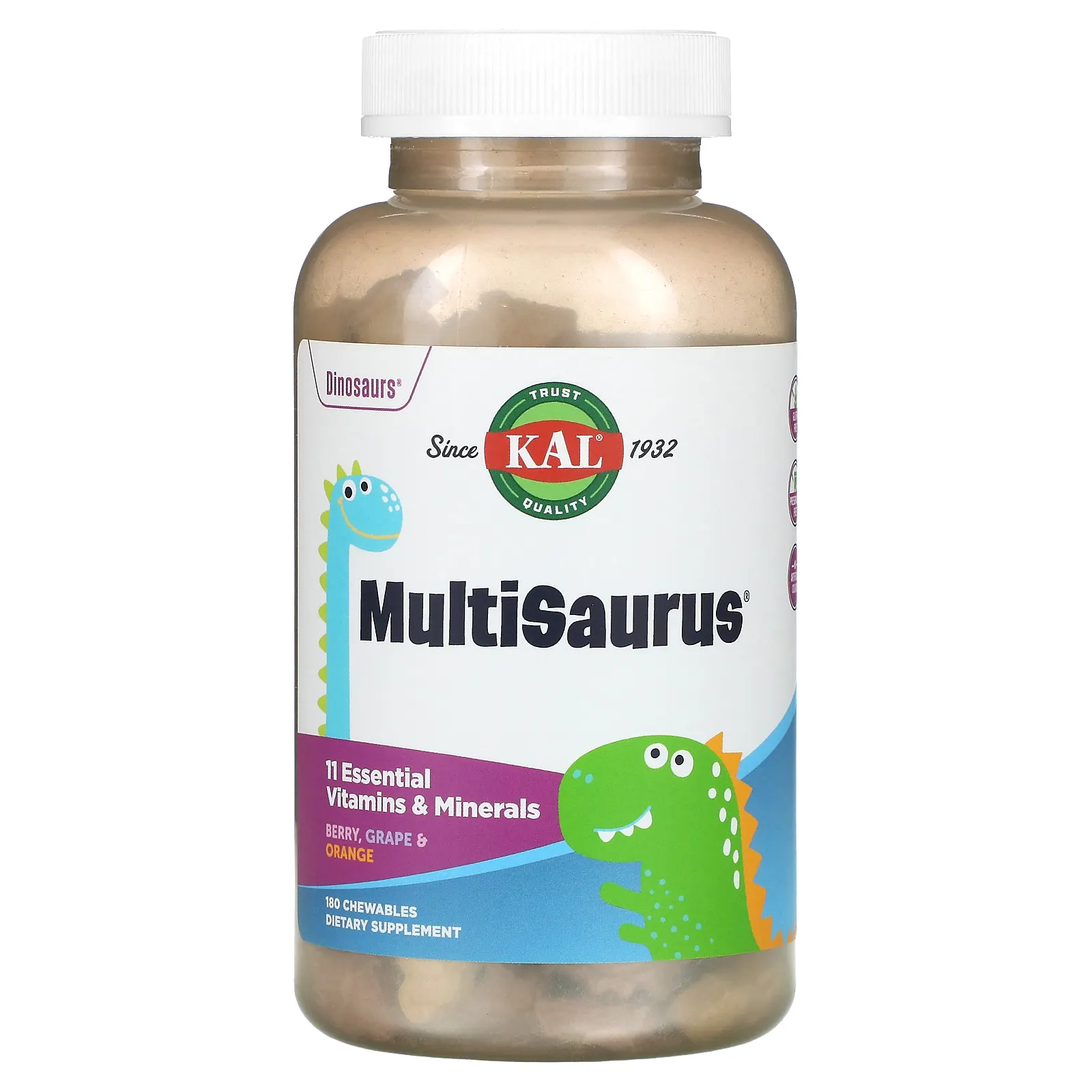 KAL, MultiSaurus, витамины и микроэлементы, со вкусом ягод, винограда и апельсина, 180 жевательных таблеток