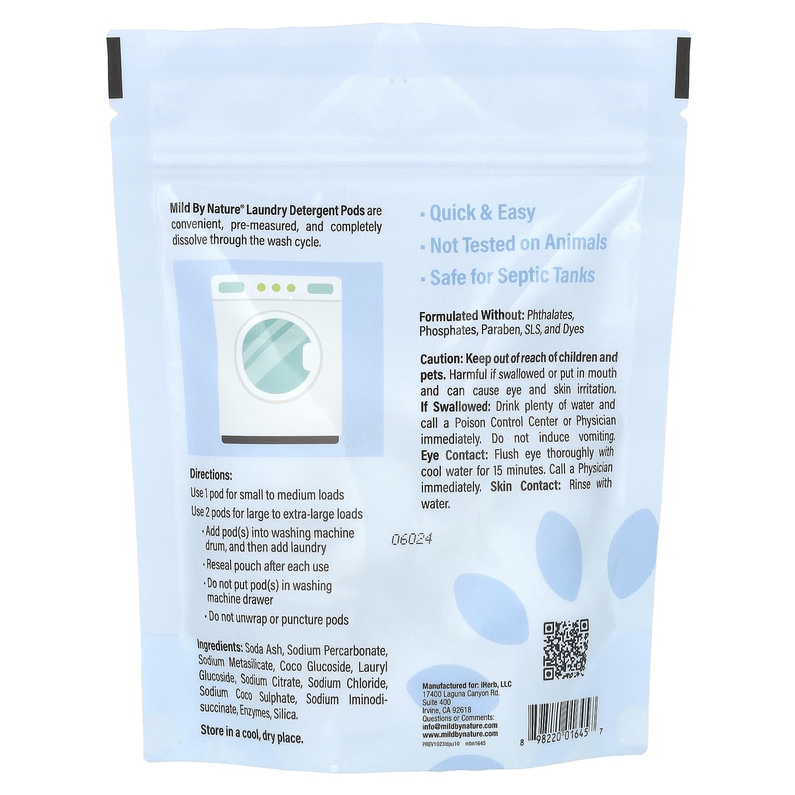 Mild By Nature, Капсулы со стиральным порошком, без запаха, 10 загрузок, 177 г (0,39 унции)