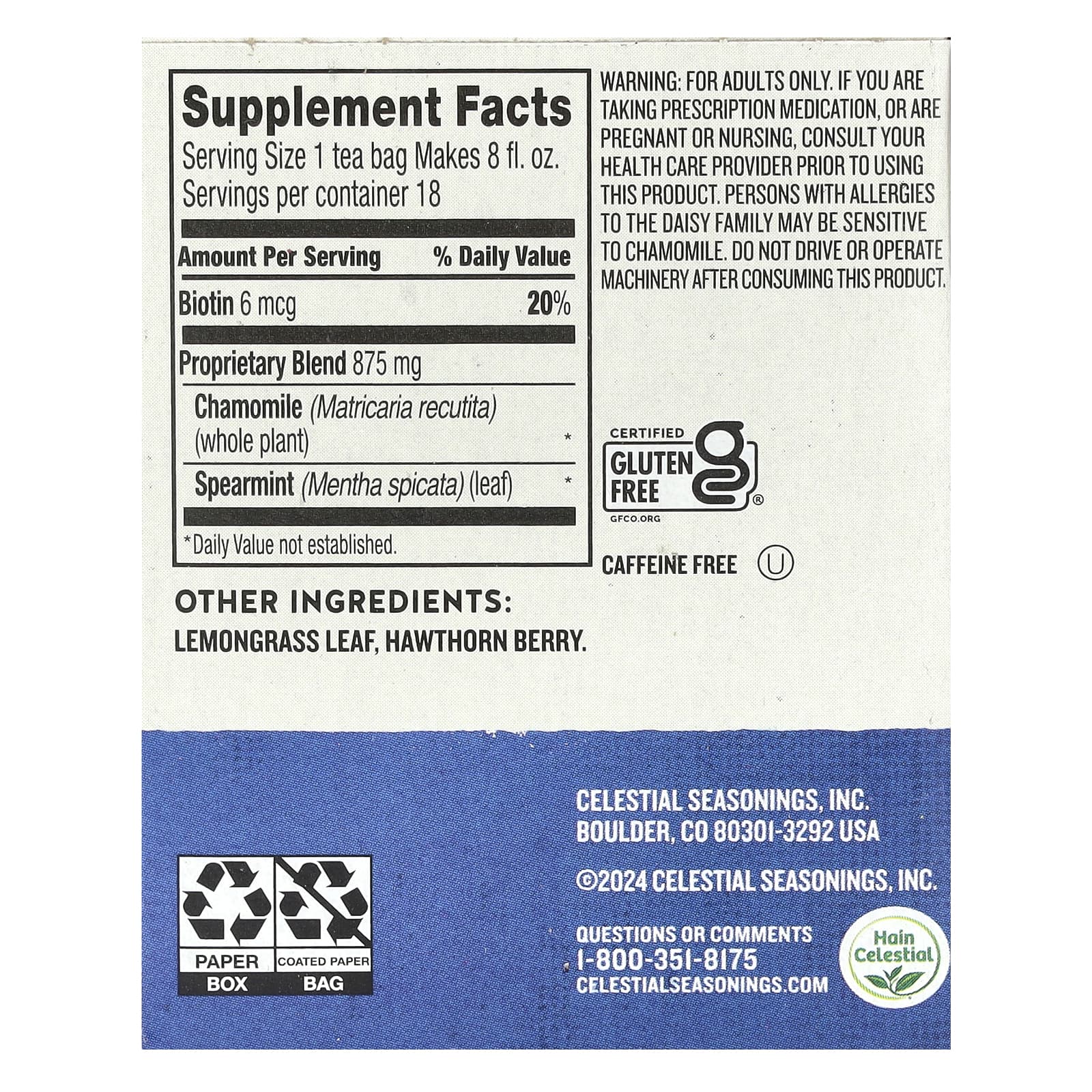 Celestial Seasonings, SleepyTime® Biotin Beauty Rest, без кофеина, 18 чайных пакетиков, 21 г (0,75 унции)