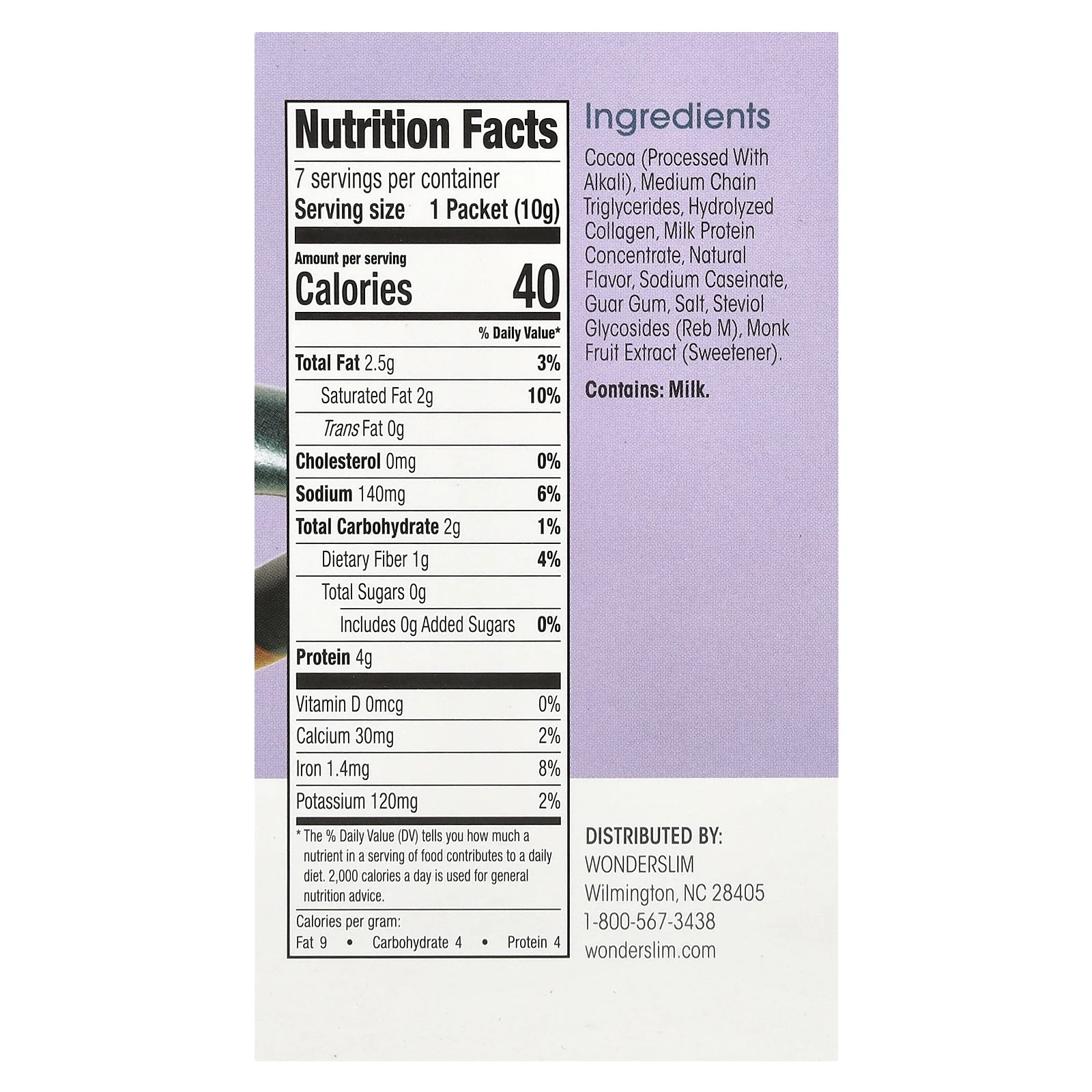 WonderSlim, горячий шоколад, кетодиета, с кремовым вкусом какао, 7 пакетиков по 10 г (0,35 унции)