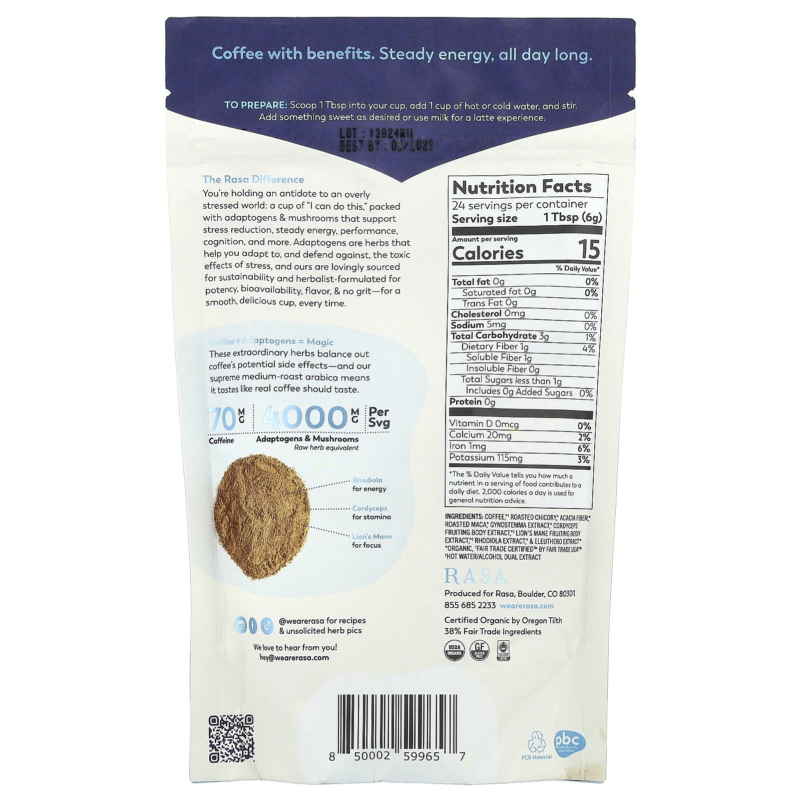Rasa, Кофе с адаптогеном и грибами, растворимый, жареный кофе, 144 г (5 унций)