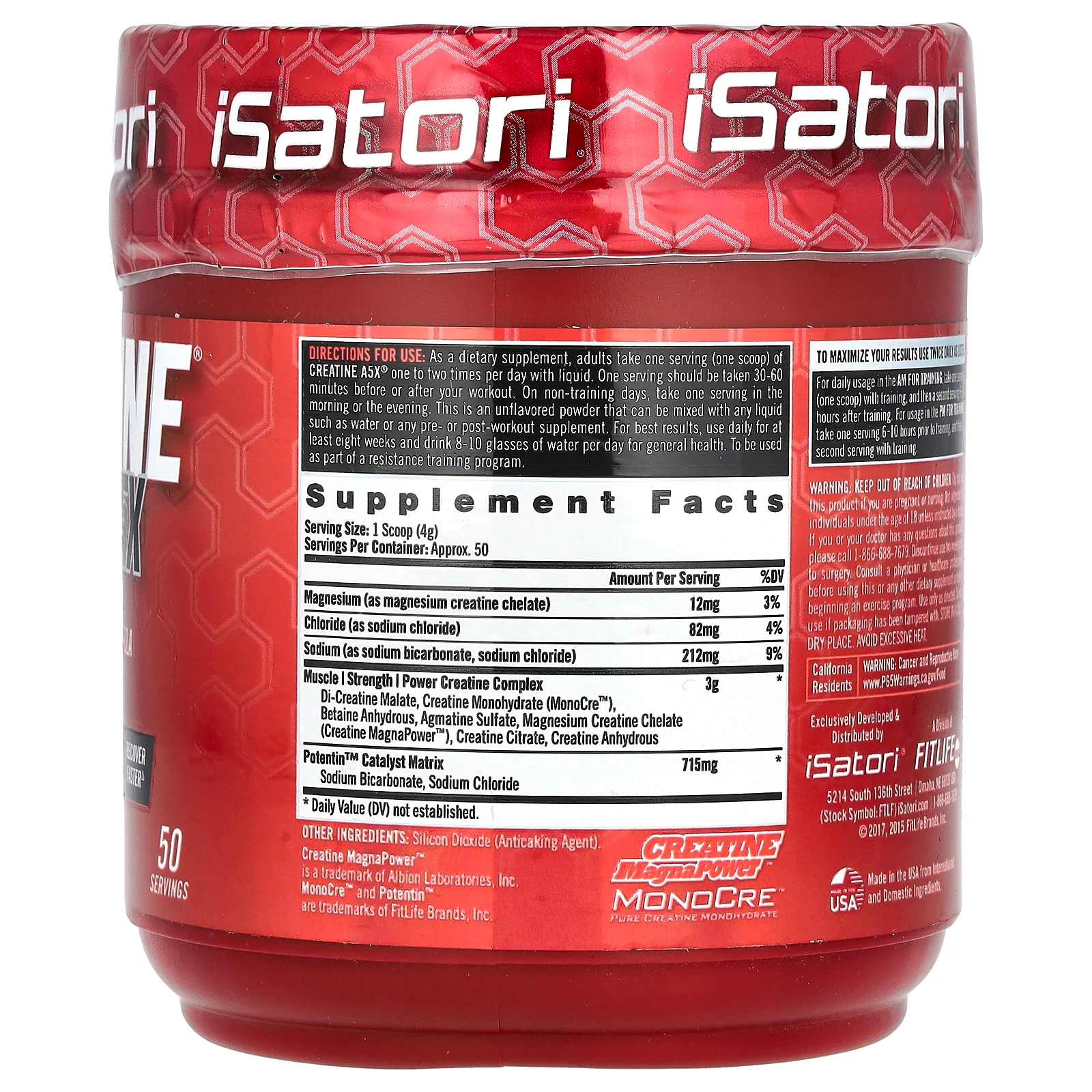 Isatori, креатин A5X в порошке, без добавок, 200 г (7,05 унции)