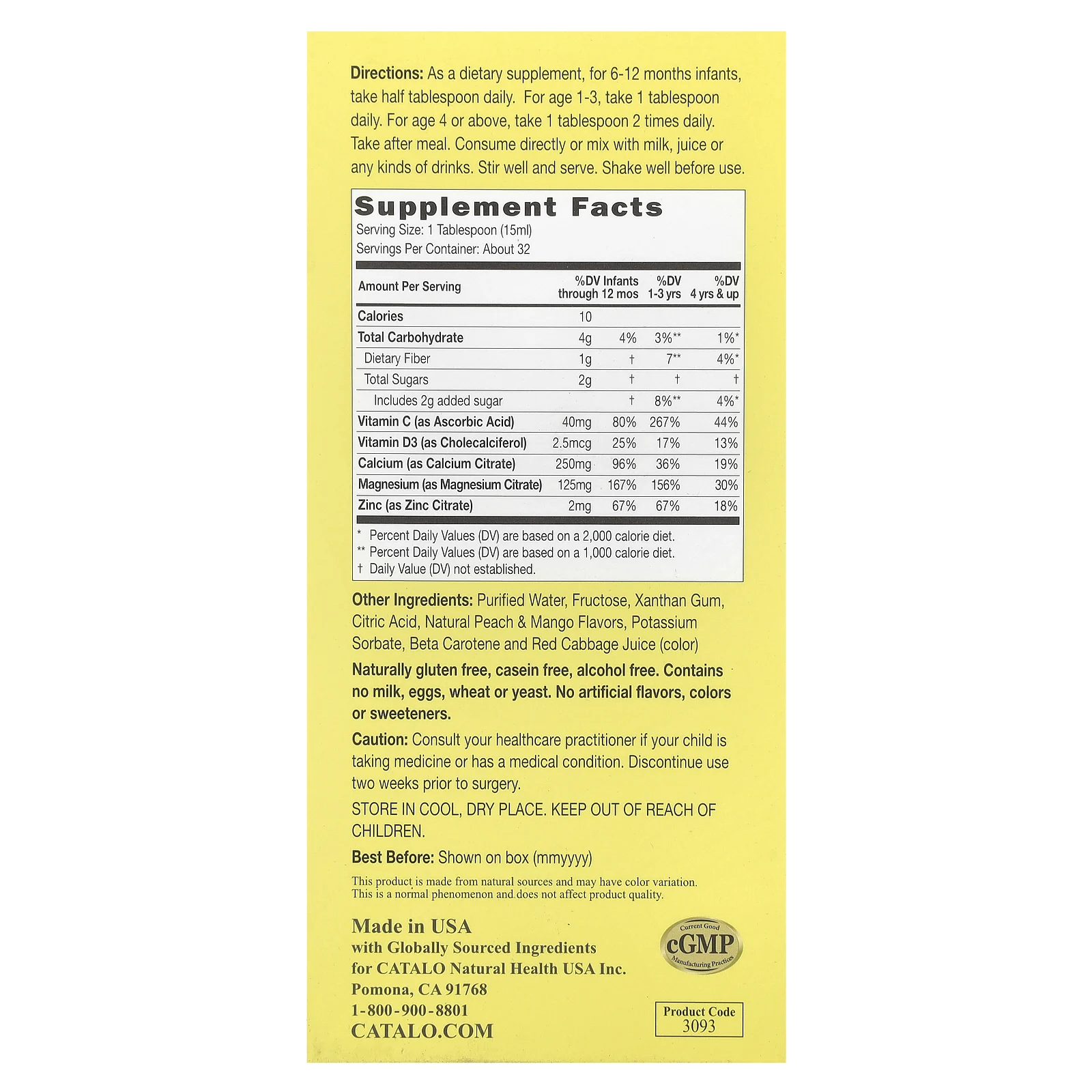 Catalo Naturals, жидкий кальций для детей с магнием и цинком, персик и манго 474 мл (16 жидк. унций)