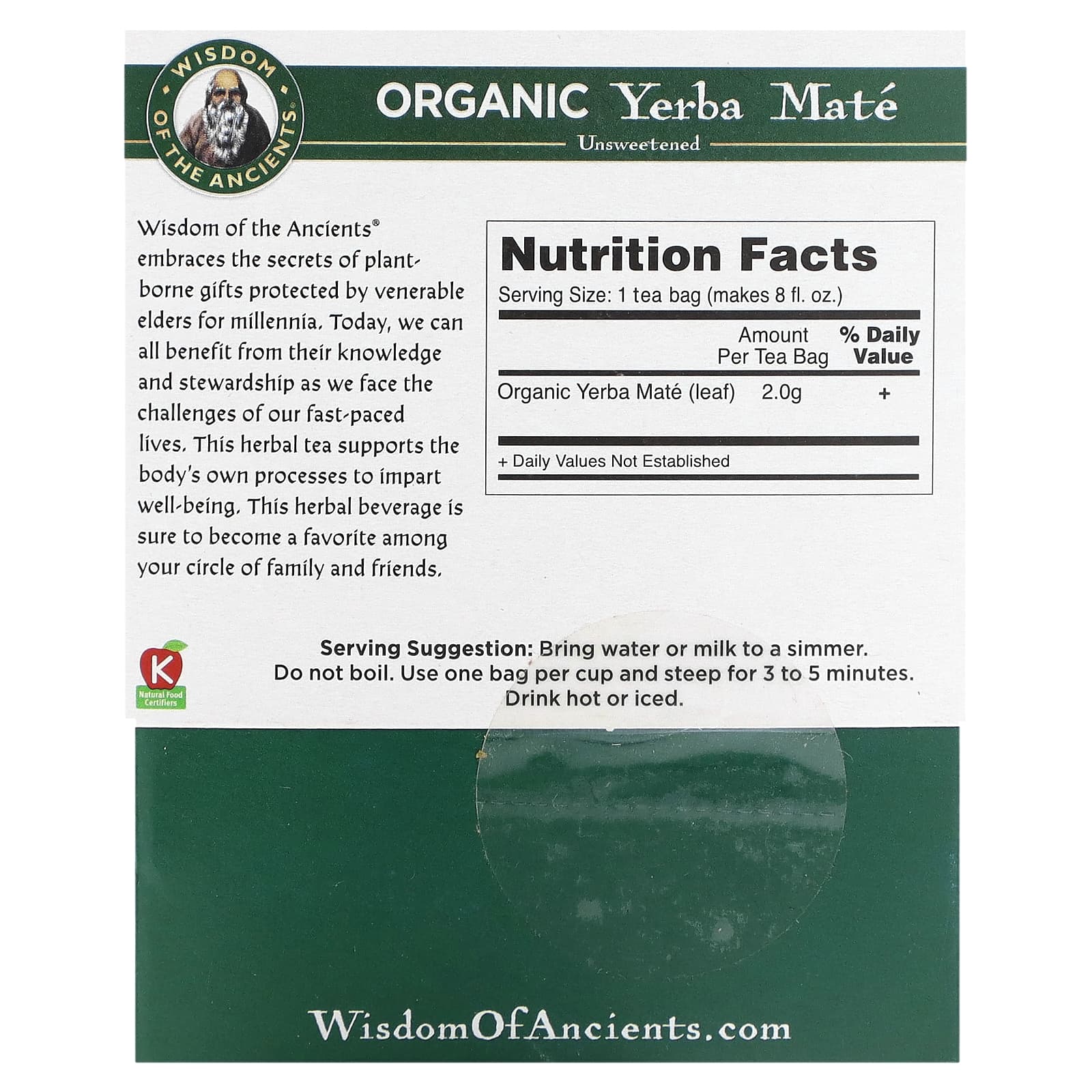 Wisdom Of The Ancient, органический йерба мате, без подсластителей, 16 пакетиков, 32 г (1,1 унции)