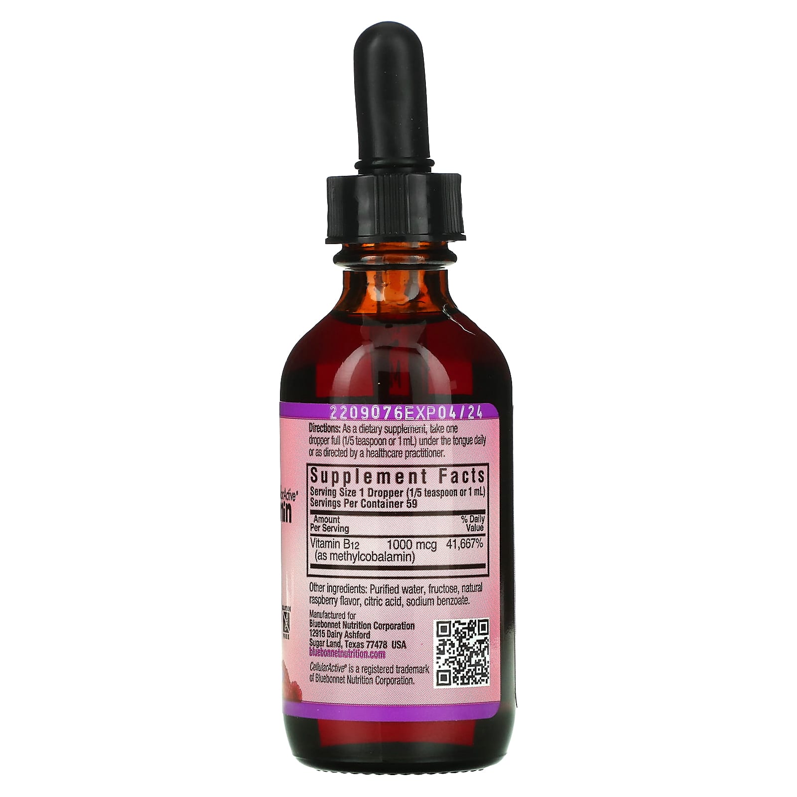 Bluebonnet Nutrition, CelluarActive, жидкий метилкобаламин, витамин B12, со вкусом малины, 1000 мкг, 59 мл (2 жидк. унции)