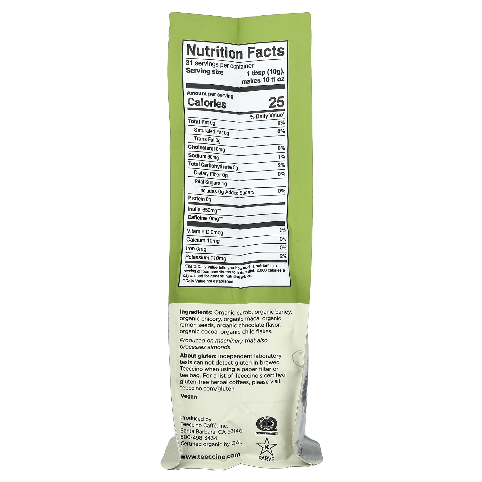 Teeccino, органический травяной кофе из цикория, шоколад и мака, темная обжарка, без кофеина, 312 г (11 унций)