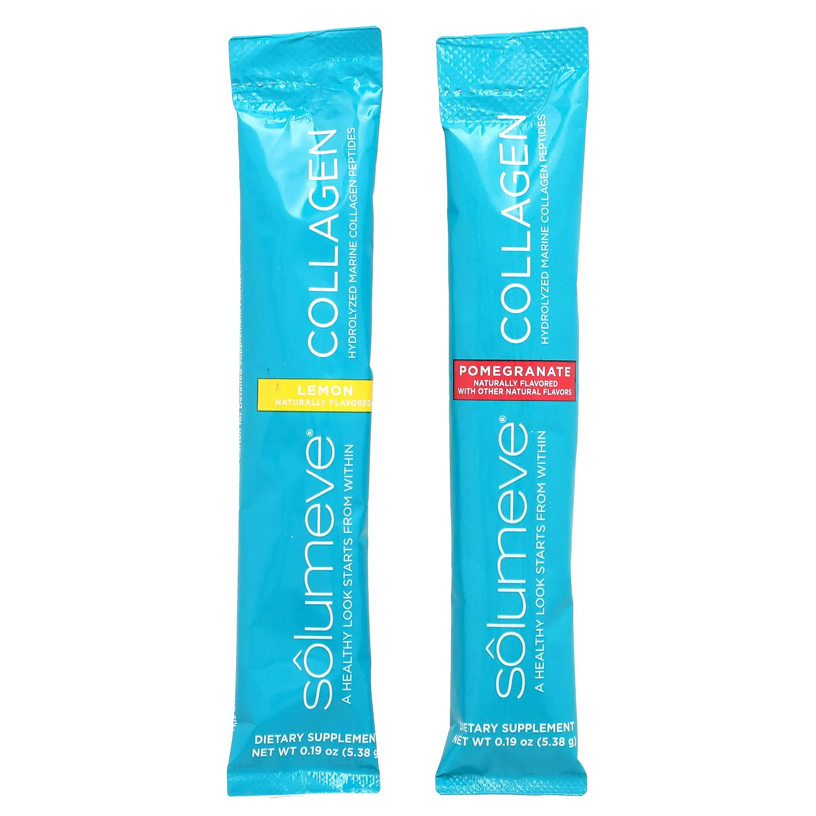 Solumeve, пептиды морского коллагена с витамином C и гиалуроновой кислотой, ассорти со вкусом лимона и граната, 10 пакетиков по 5,38 г (0,19 унции)