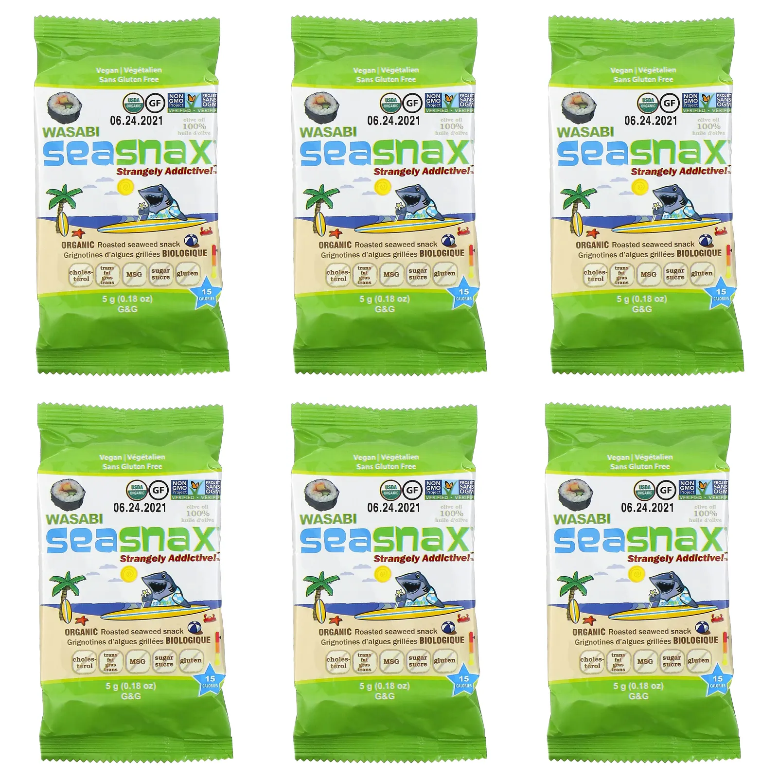 SeaSnax, Grab & Go, премиальный снек из жареных водорослей, васаби, 6 пакетиков по 5 г (0,18 унции)
