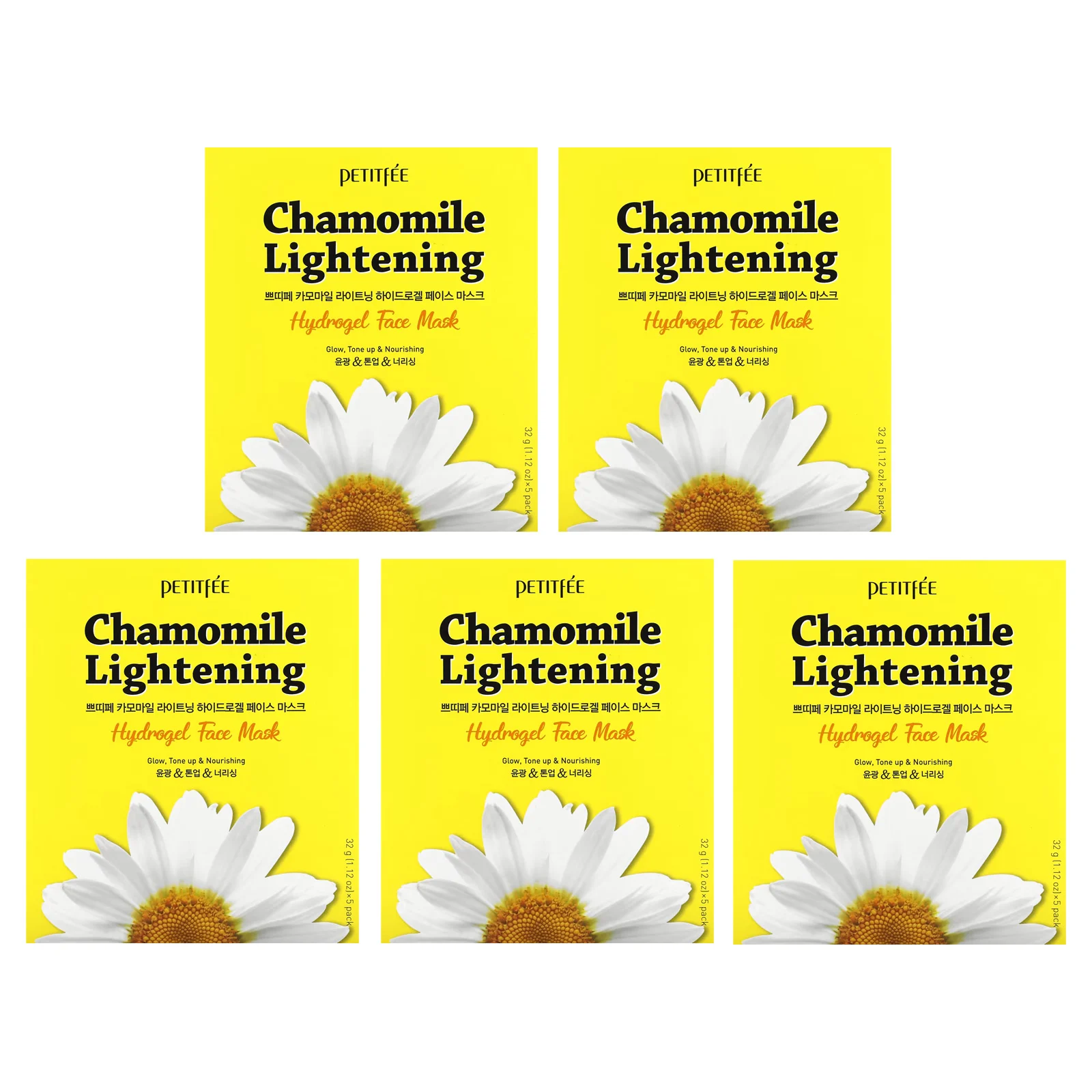 Petitfee, Chamomile Lightening, гидрогелевые маски для лица, 5 шт. по 32 г (1,12 унции)