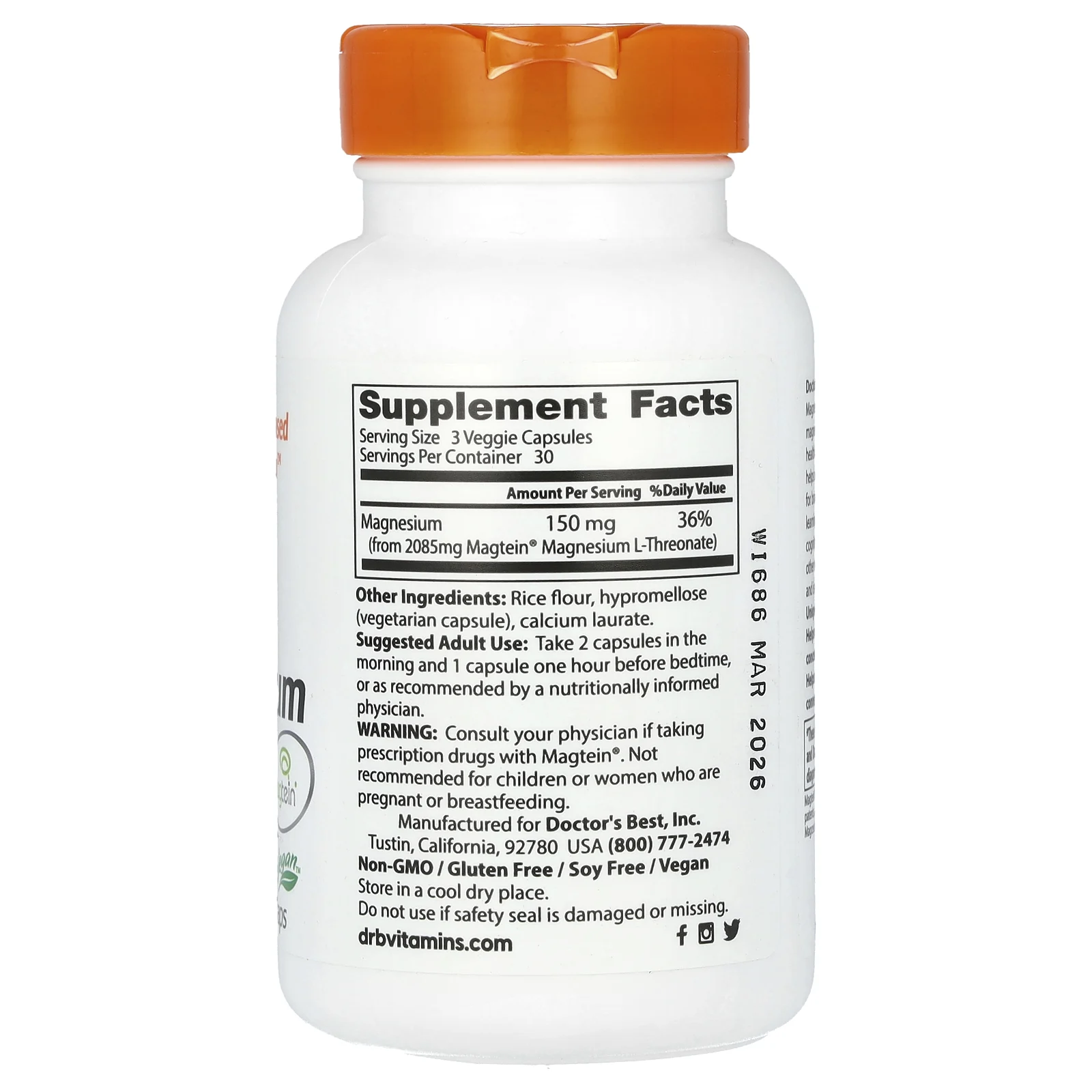 Doctor's Best, Магний для мозга с Magtein, 150 мг, 90 вегетарианских капсул (50 мг на капсулу)