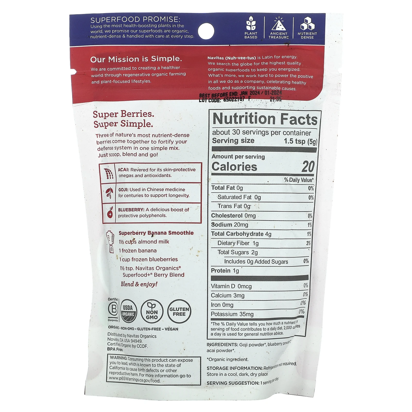 Navitas Organics, Органический суперпродукт + смесь ягод, асаи, годжи и голубика, 150 г (5,3 унции)